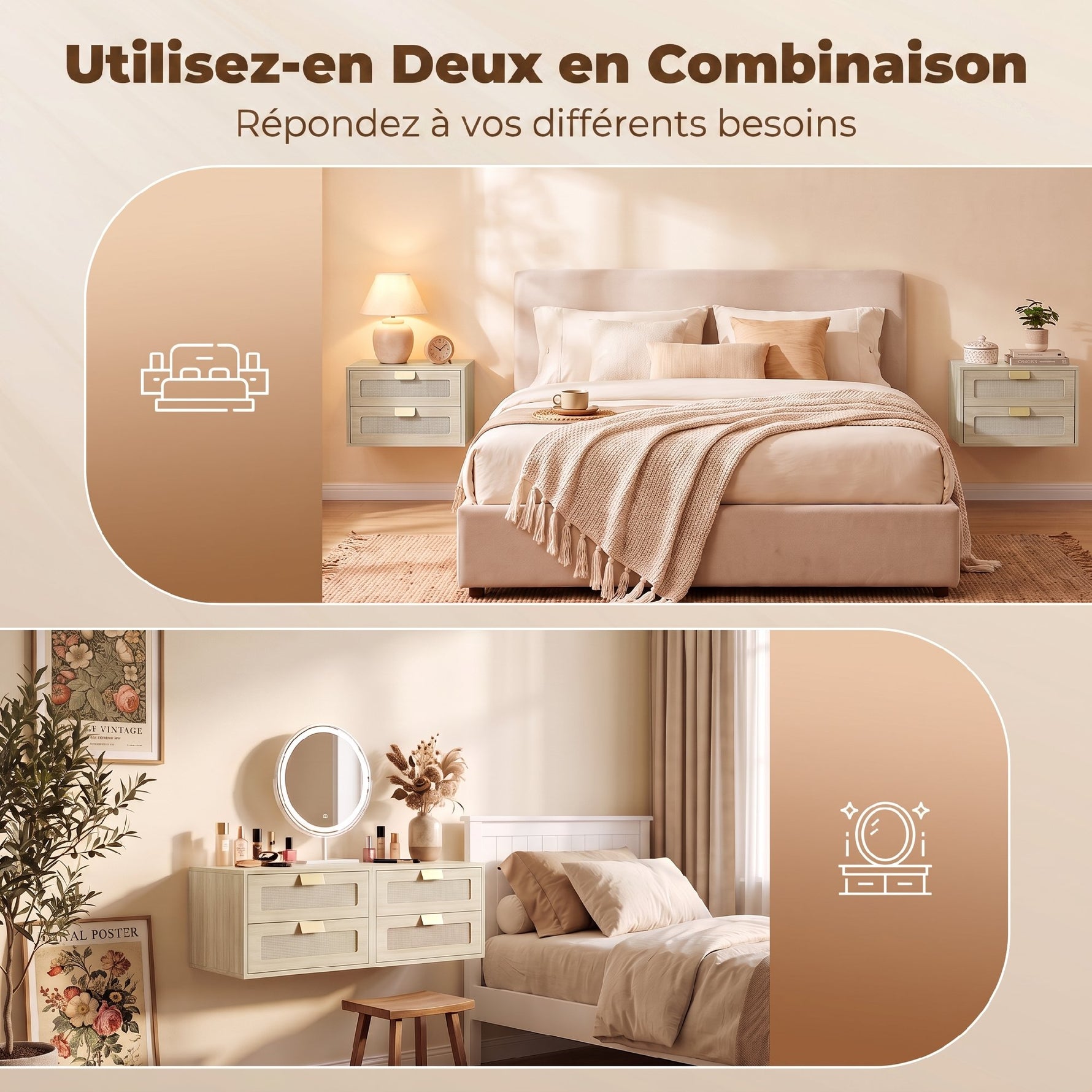 Lot de 2 Tables de Chevet Murales, Tables de Nuit Suspendues avec 2 Tiroirs et Plateau à Effet Rotin, Chêne