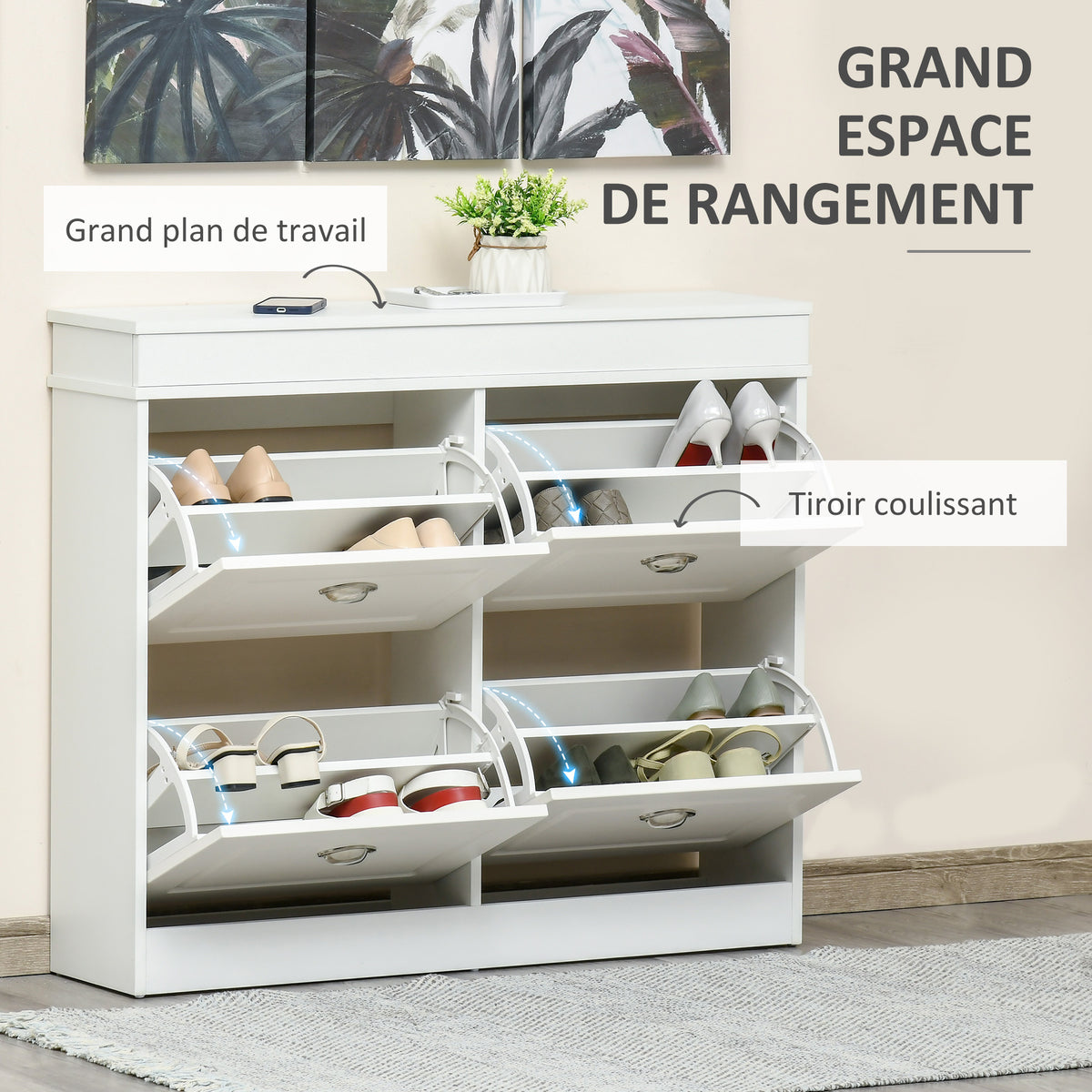 Schuhschrank Schuhkipper Schuhaufbewahrung Maße 98L x 24B x 83H cm 4 Klappfächer doppelreihig MDF Weiß