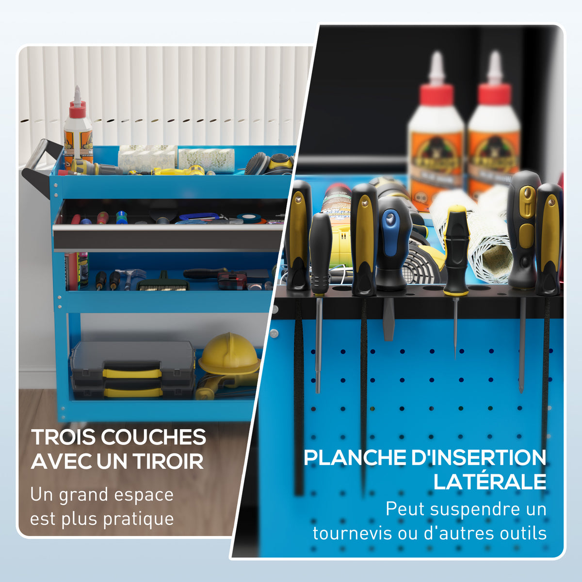 Chariot d'atelier servante atelier à 3 niveaux avec tiroir, porte-outils latéral et poignée, 82x35x76 cm, bleu