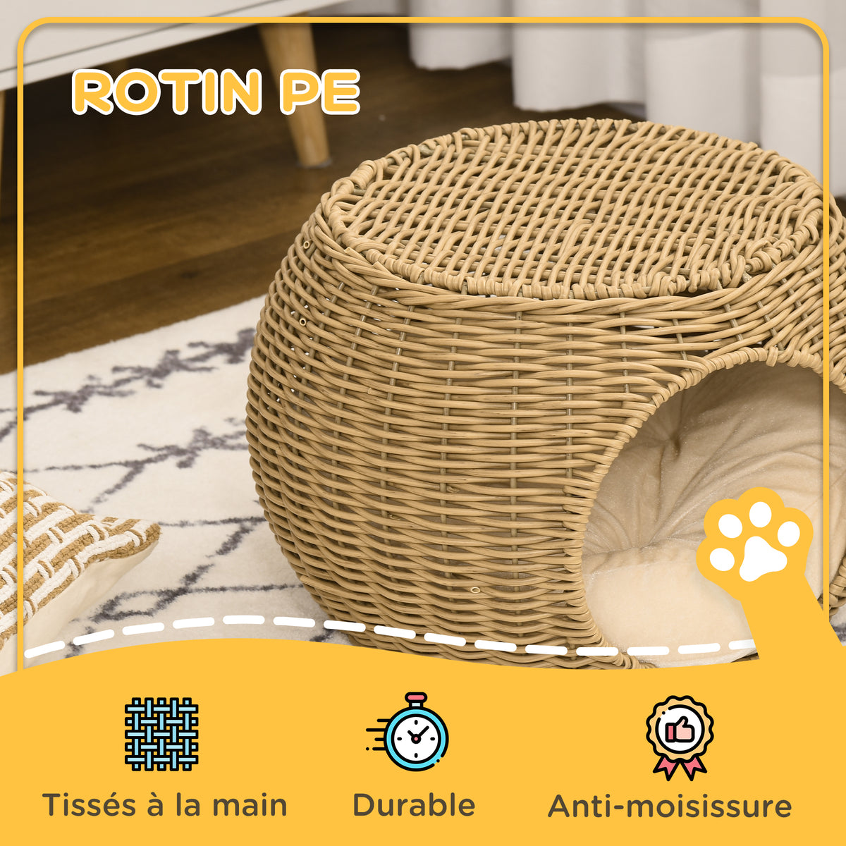 Niche panier maison pour chat 2 niveaux en résine tressée aspect rotin avec 1 coussin doux Ø 40 x 30 cm marron clair