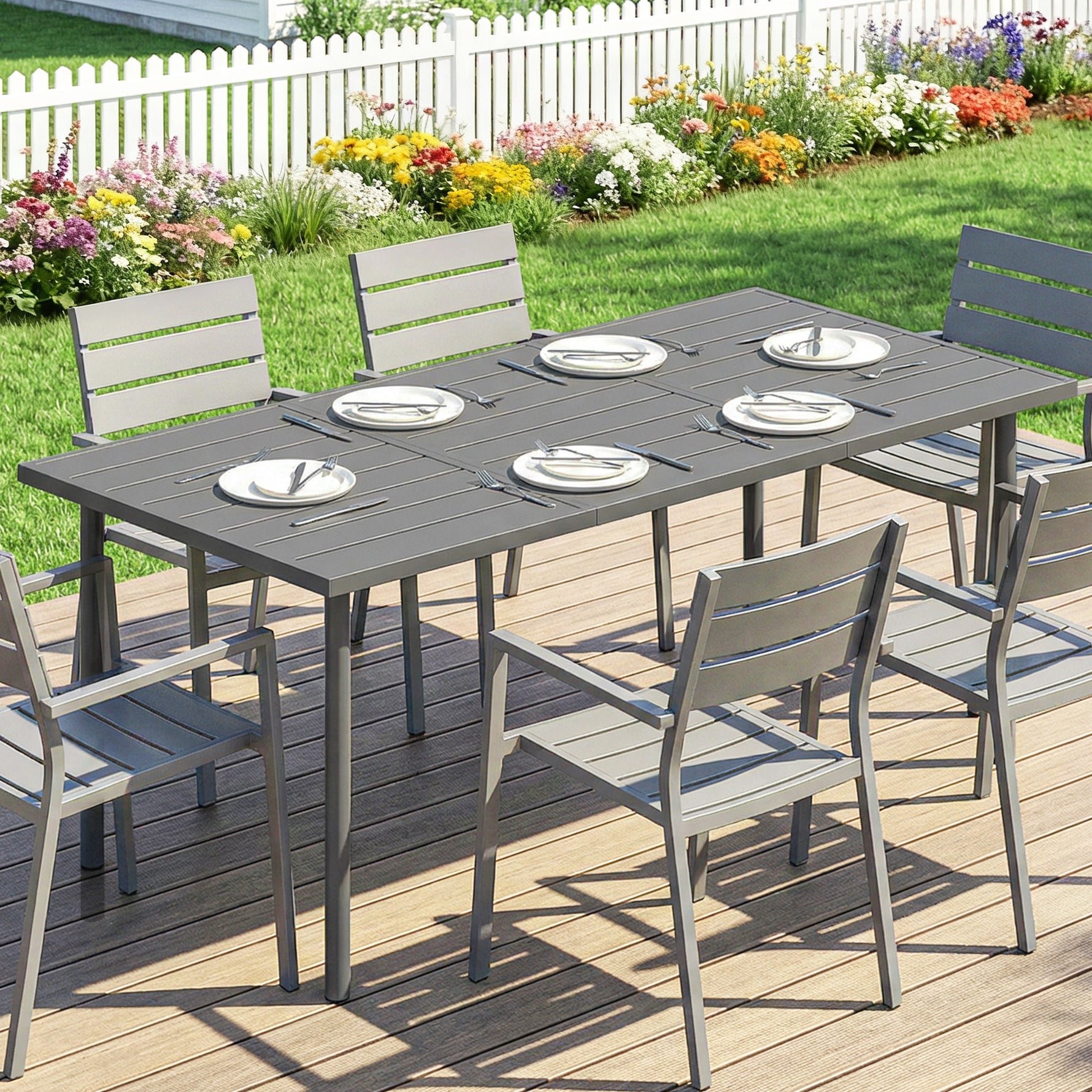 Table de jardin pour 6 personnes, 165 x 80 cm, table à manger extérieure rectangulaire avec plateau à lattes en métal