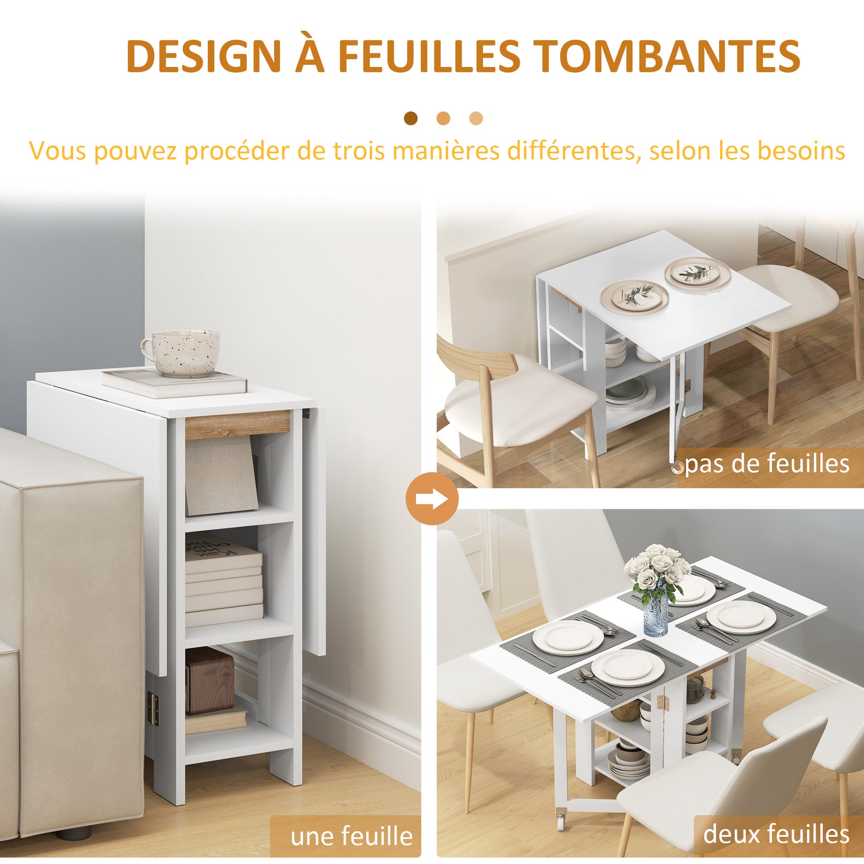Table de cuisine table de salle à manger pliable amovible 3 étagères 2 abattants design moderne 120 x 60 x 75 cm blanc