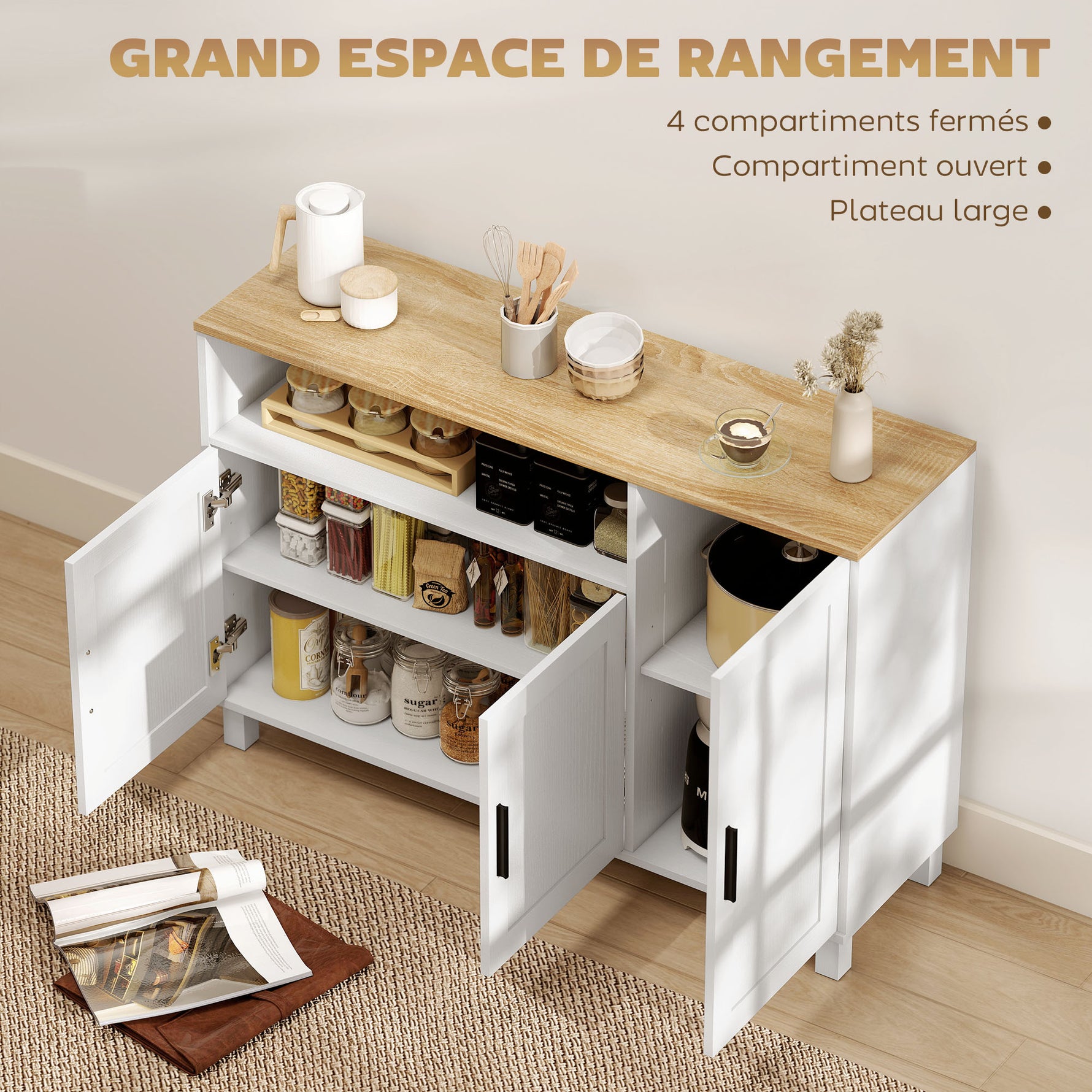 Buffet, meuble de rangement avec 3 portes, compartiment ouvert et étagères réglables, 110 x 33 x 75 cm, blanc