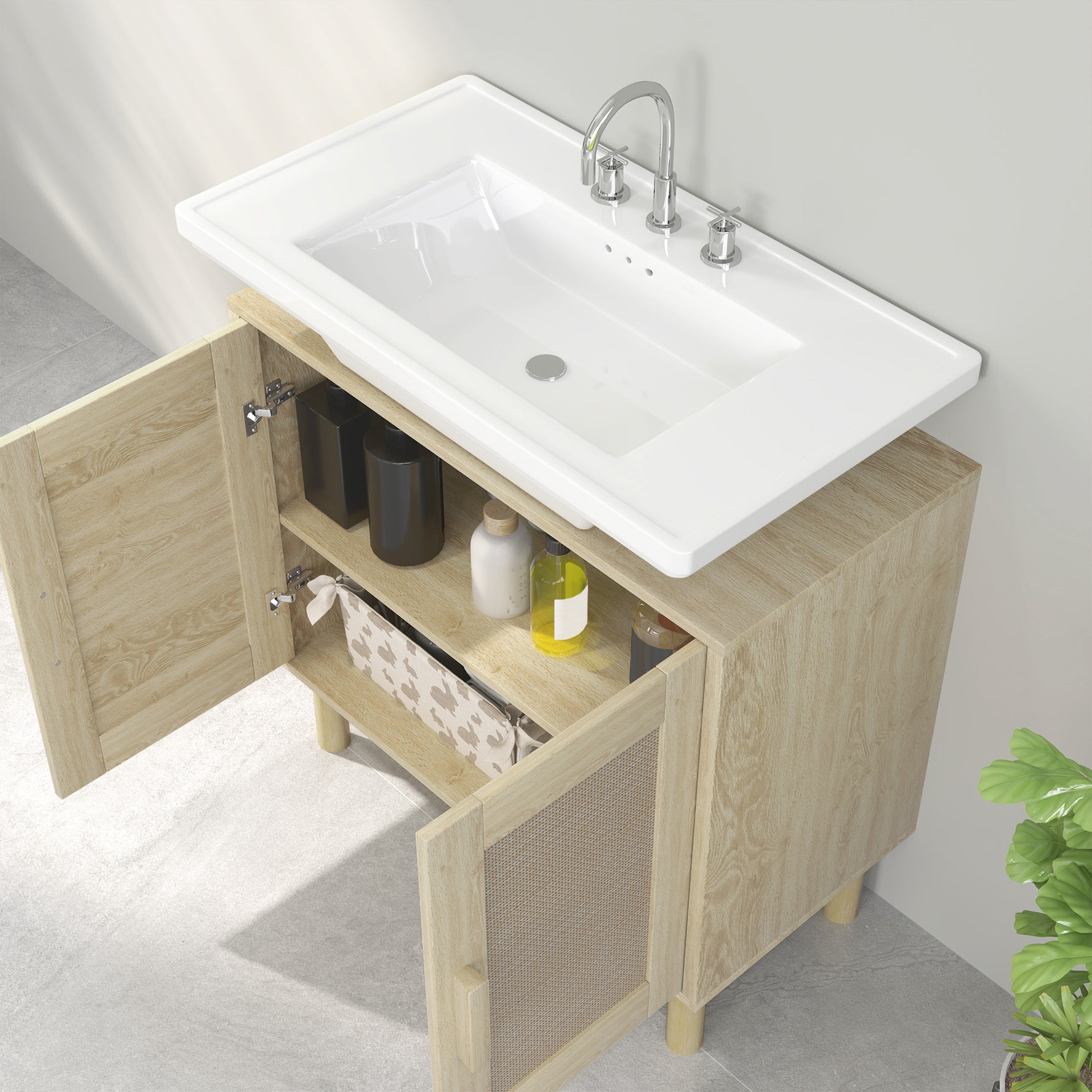 Meuble salle de bain sous lavabo meuble sous lavabo portes en rotin pieds bois de pin 2 niveaux 60 x 30 x 60 cm chêne