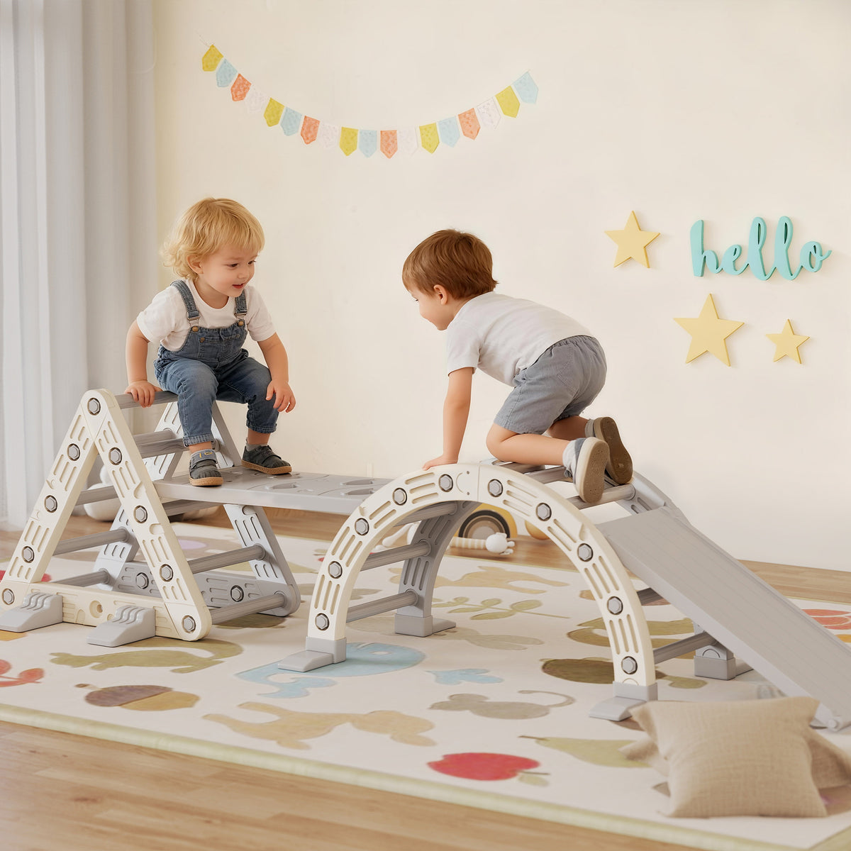 Triangolo da arrampicata 8 in 1 per bambini, arco da arrampicata, rampa bifacciale per arrampicarsi e scivolare, 279 x 80 x 69 cm, grigio