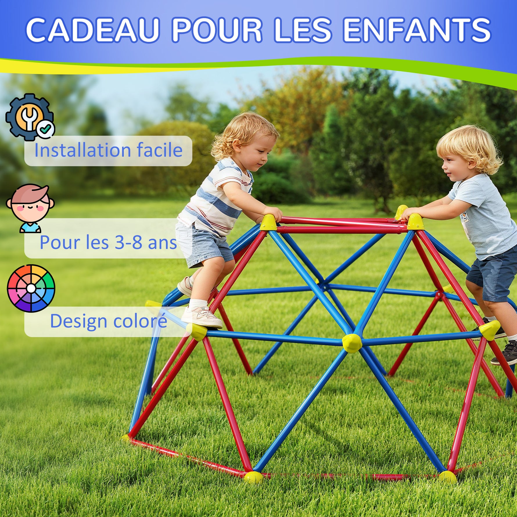 Dôme d'escalade enfant cage d'escalade structure en métal charge max. 180 kg assemblage facile 183 cm multicolore