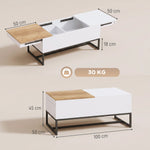Table Basse Extensible avec Plateau Coulissant, Table de Salon avec Rangement Caché et Pieds en Acier, Blanc