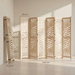 Paravent interieur en bois 6 panneaux 240 x 170 cm, pliable et portable, motif de feuille, design amovible, bois naturel