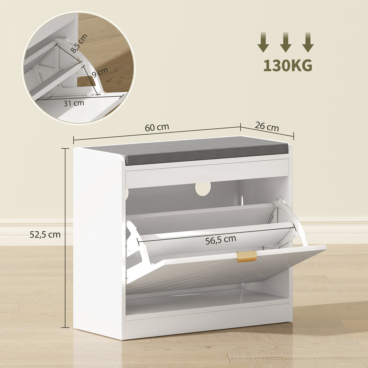 Panca scarpiera, panca contenitore, seduta imbottita, cassetto a ribalta, anta con motivo, 60 x 26 x 52,5 cm, bianco