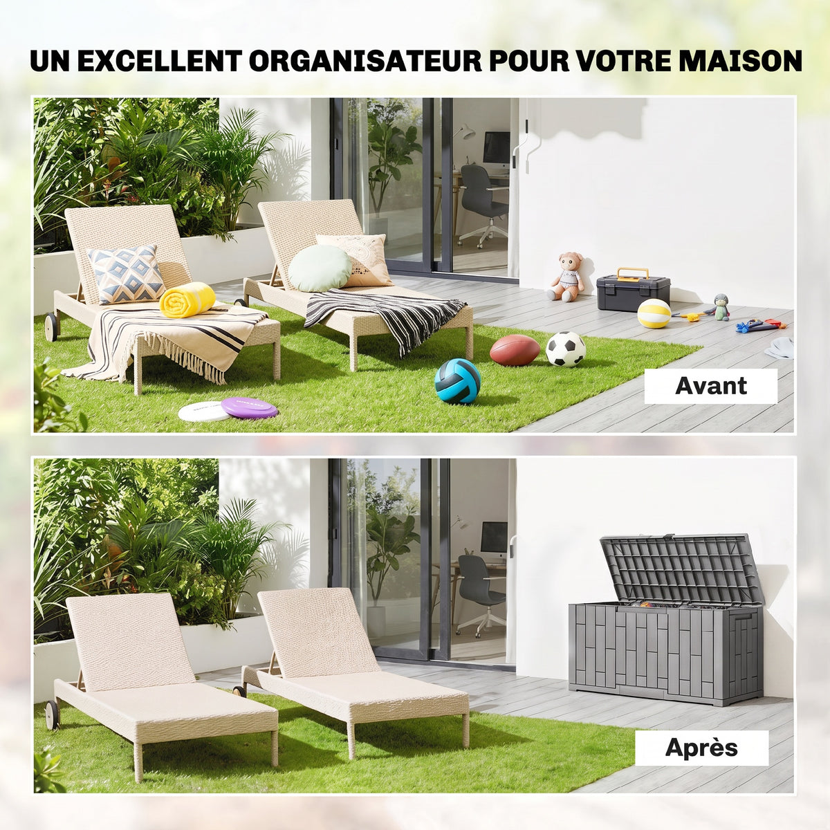 227 L Lockable Outdoor Storage Box with Gas Spring, Wood Look, 106.5x43x54.5cm, Gray