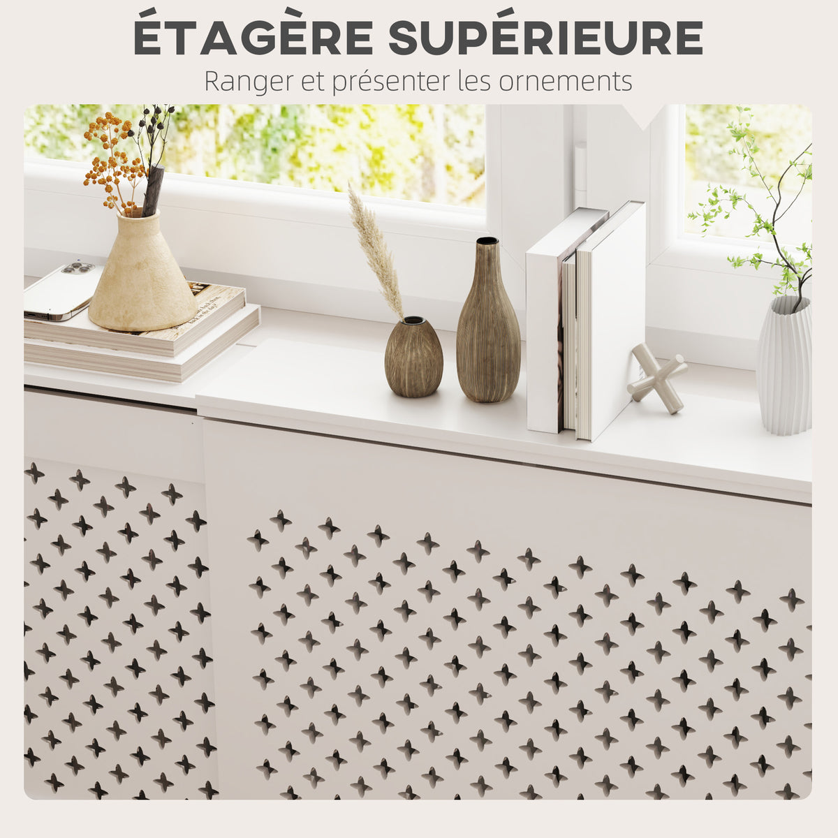Verstelbare radiatorombouw modern design, uitschuifbare lengte 136-200 x 21,5 x 91,7 cm, wit