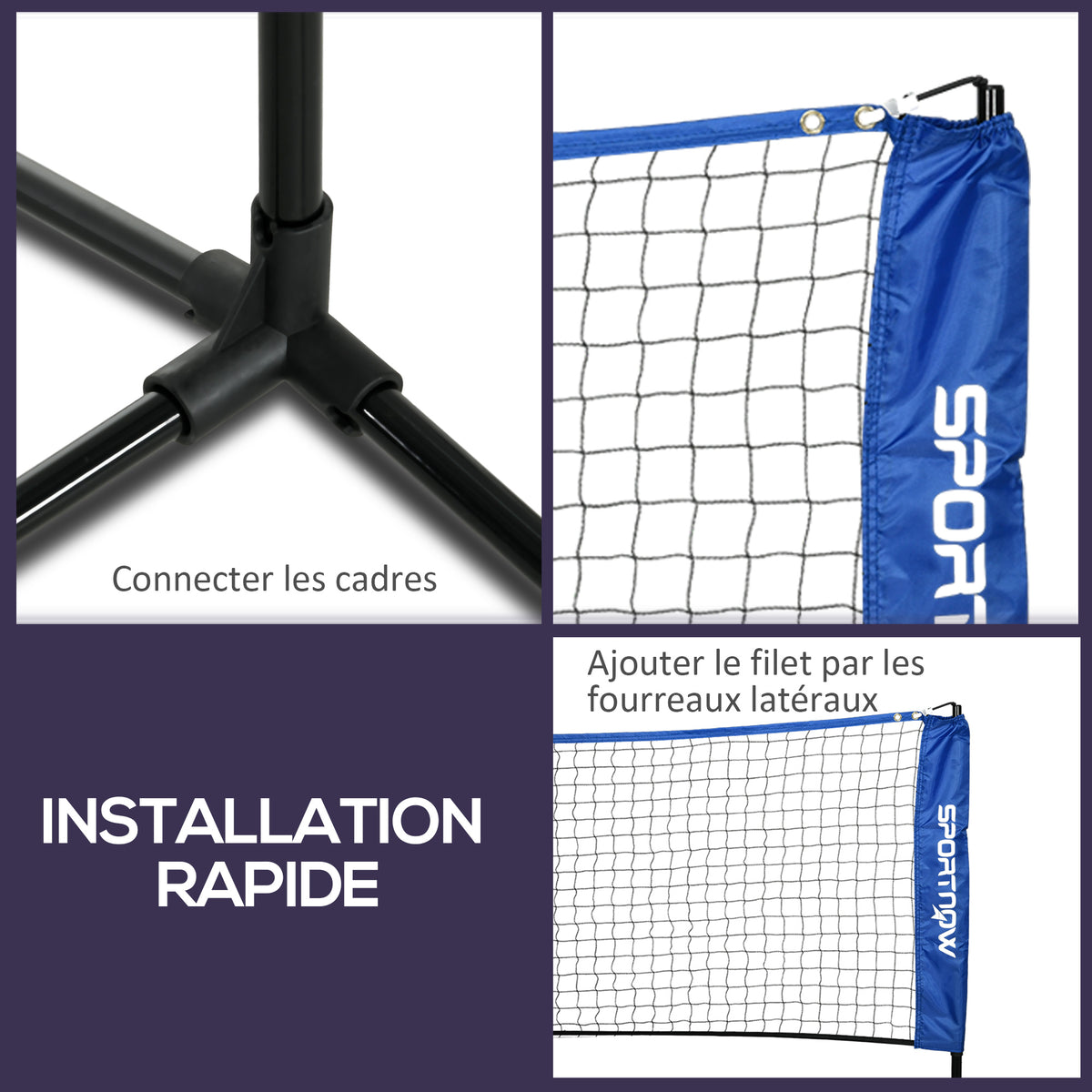 Filet de badminton, filet portable, hauteur ajustable 107-155 cm, avec sac de transport, cadre métallique, noir, bleu