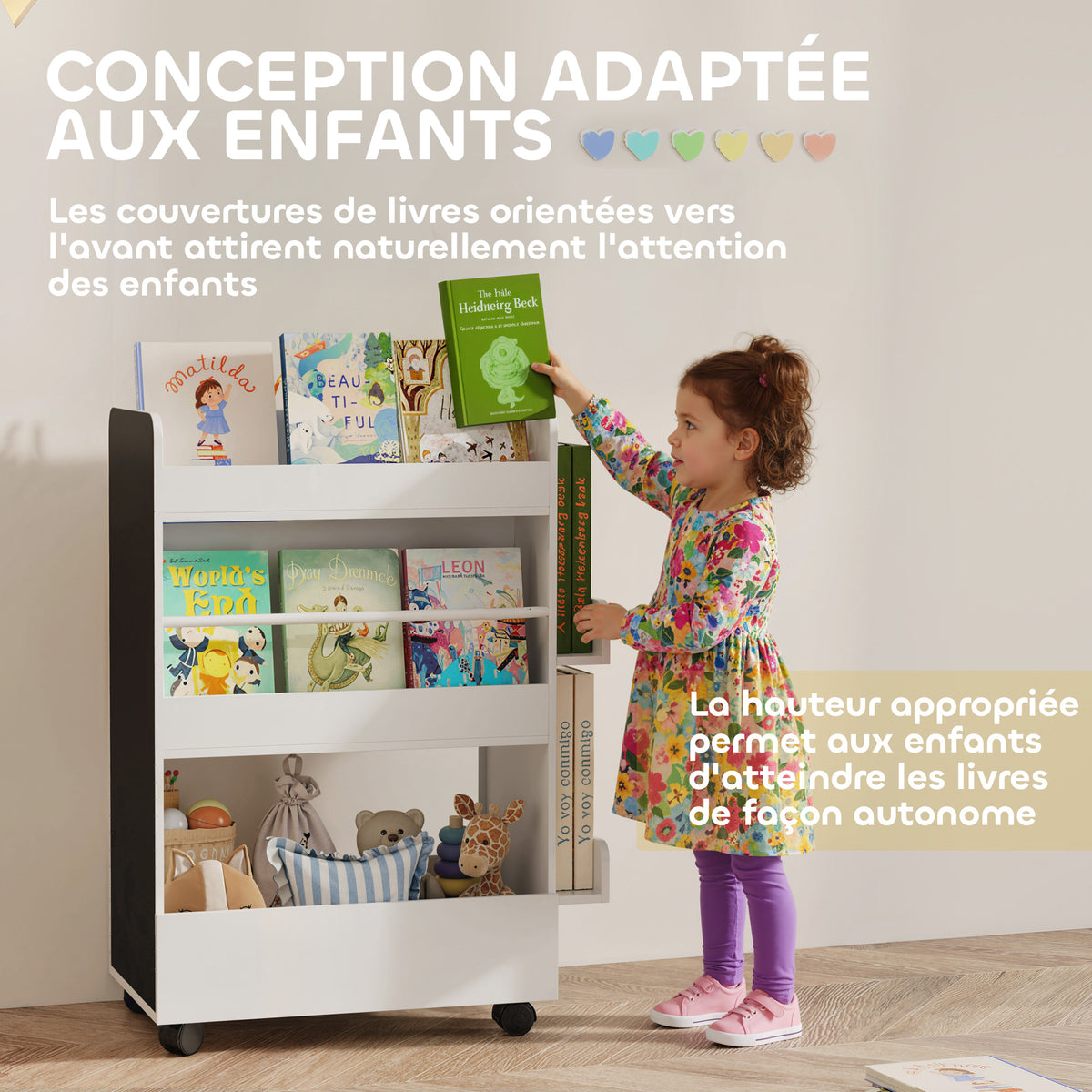 Bibliothèque pour enfant avec roulettes, rangement livre enfant de 3 à 8 ans avec tableau noir, 66,5x32,5x86,5cm, blanc