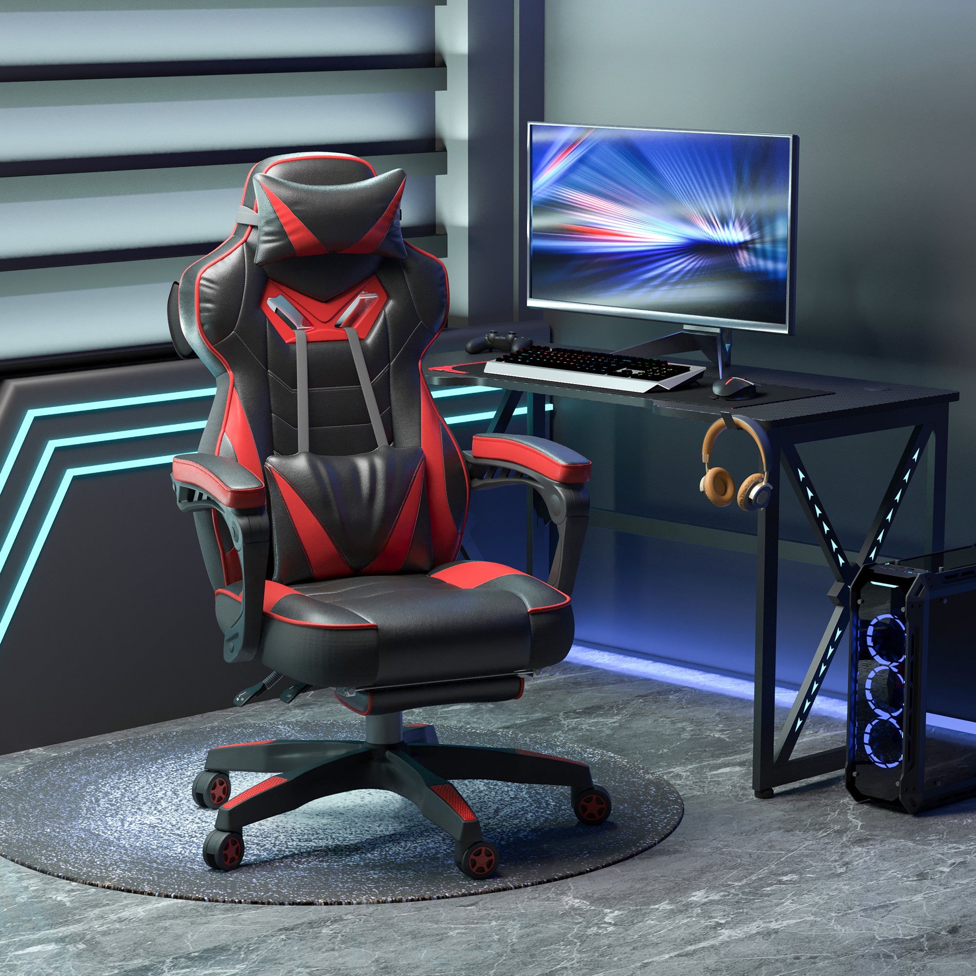 Ergonomische gamestoel, comfortabele bureaustoel met voetensteun, hoofdsteun en lendenkussen, in hoogte verstelbaar, zwart en rood