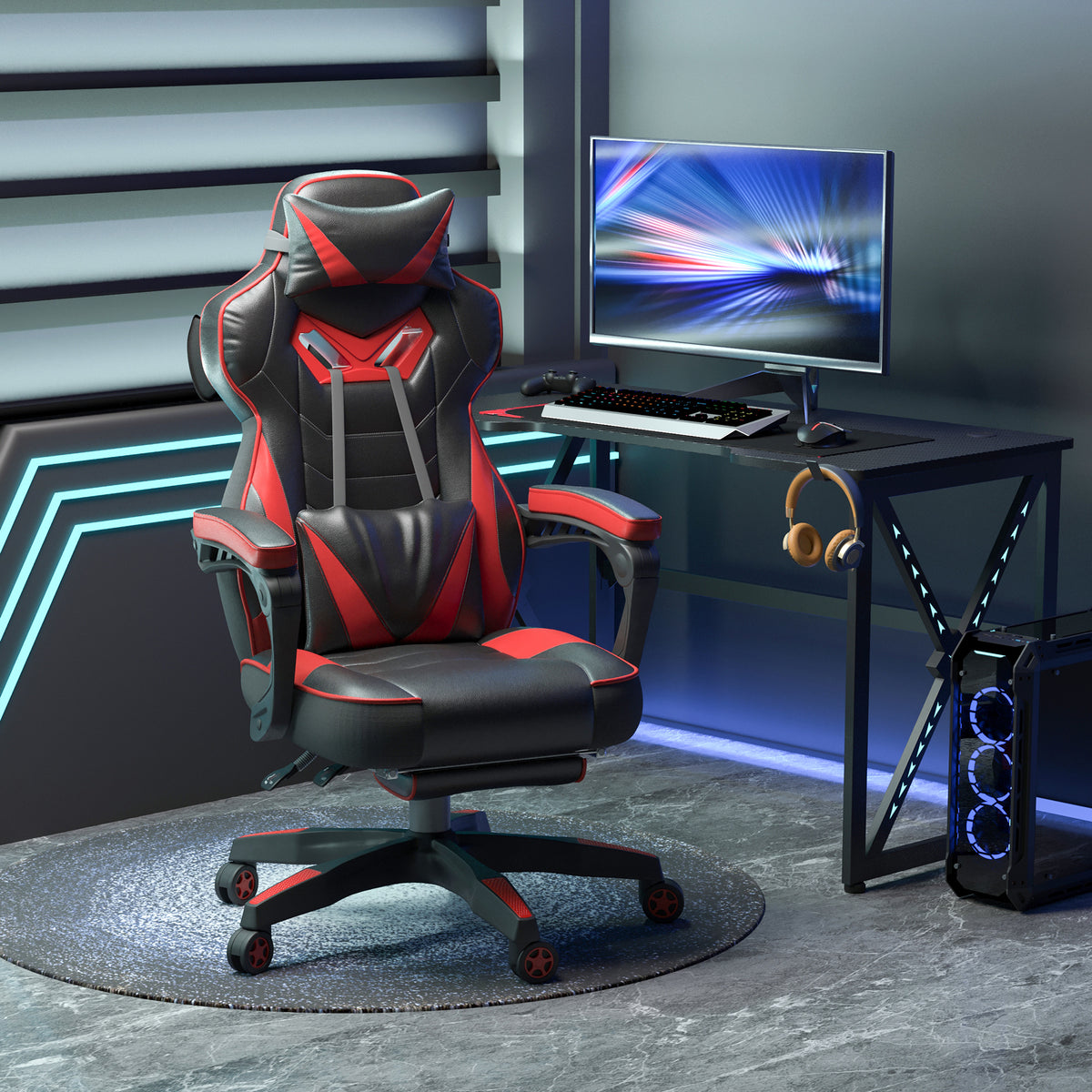 Chaise gaming Ergonomique, Fauteuil de Bureau confortable avec Repose-Pied, Appuie-Tête et coussin lombaire, Hauteur Réglable, noir et rouge