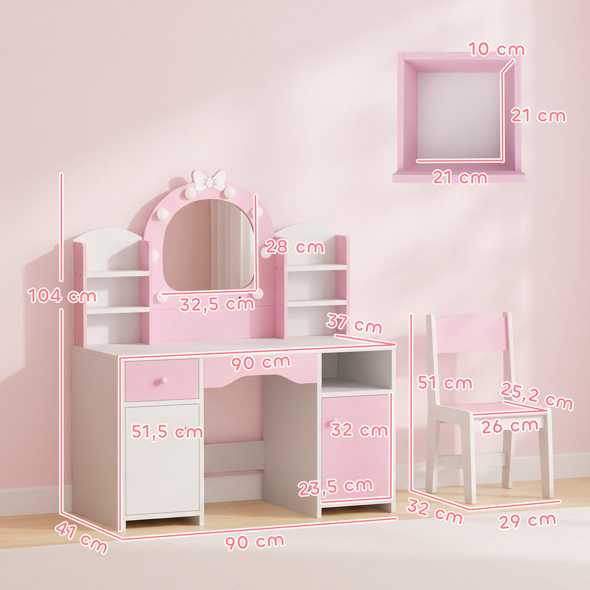 Coiffeuse pour Enfants avec Tabouret et Miroir Lumineux à 2 Couleurs en Acrylique, pour 3-8 Ans, 90 x 41 x 104 cm, Rose