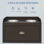 Gamelles Chiens Surélevées, Porte-Gamelles Surélevé Rangement 2 en 1, Tiroir, 2 Gamelles, 60x30x36cm, Marron Café
