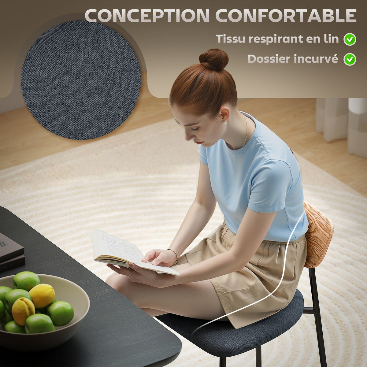 Set de 2 sillas de comedor con patas de acero, respaldo curvado y asiento acolchado, gris y efecto madera natural