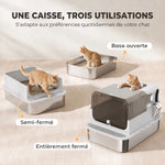 Maison de Toilette pour Chat XXL en Inox, Couvercle 90°, Double Porte, Filtre Frontal, Pelle, 70x50x46,5cm, Gris