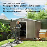 Abri de jardin 5,4 m² 2,77 x 1,95 x 1,92 m kit de fondation porte coulissante ventilations acier galvanisé, marron clair