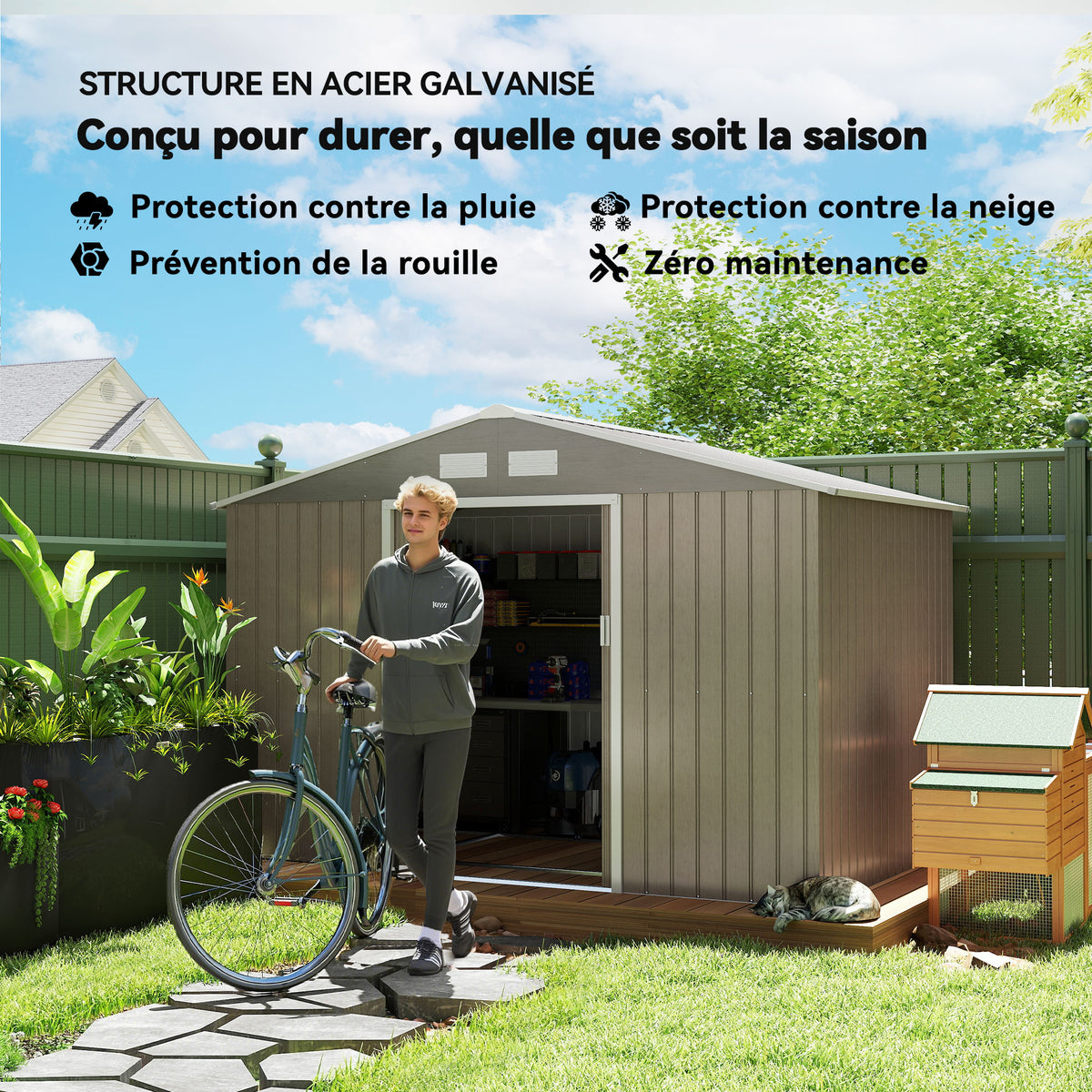 Abri de jardin 5,4 m² 2,77 x 1,95 x 1,92 m kit de fondation porte coulissante ventilations acier galvanisé, marron clair