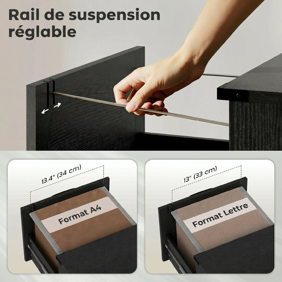 Caisson de Bureau avec 4 Tiroirs, Dossiers Suspendus pour Formats Lettre/A4, Style Rustique, 40x40x131cm, Noir