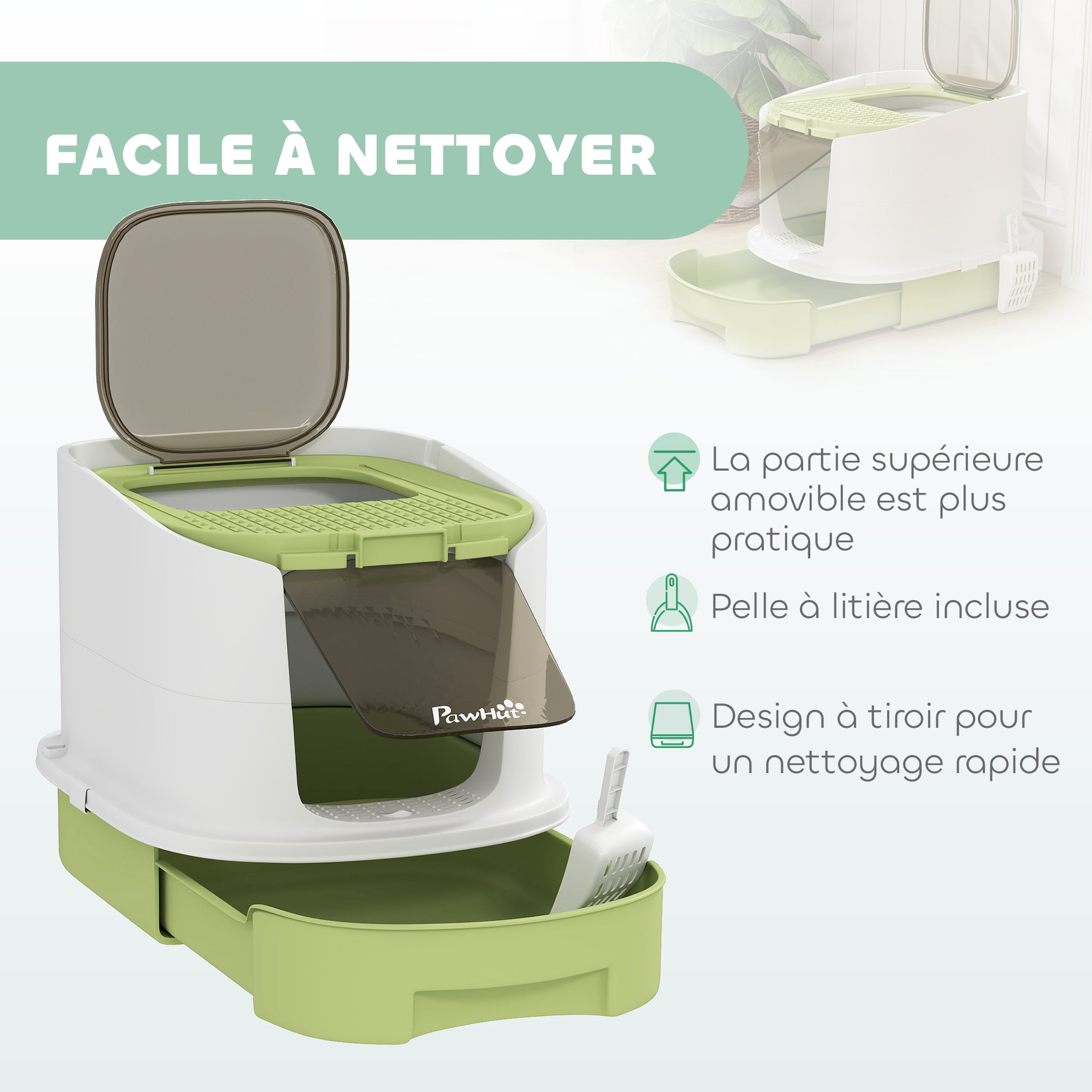 Maison de toilette pour chat bac à litière fermé chat avec porte translucide pelle incluse 40,5 x 52,5 x 42,5 cm vert