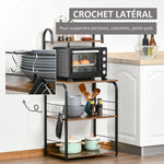 Étagère de cuisine, étagère micro-onde 3 étagères plateau crochets châssis acier 60 x 40 x 125 cm effet bois d'acajou