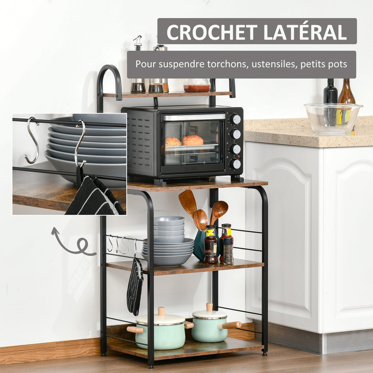 Étagère de cuisine, étagère micro-onde 3 étagères plateau crochets châssis acier 60 x 40 x 125 cm effet bois d'acajou