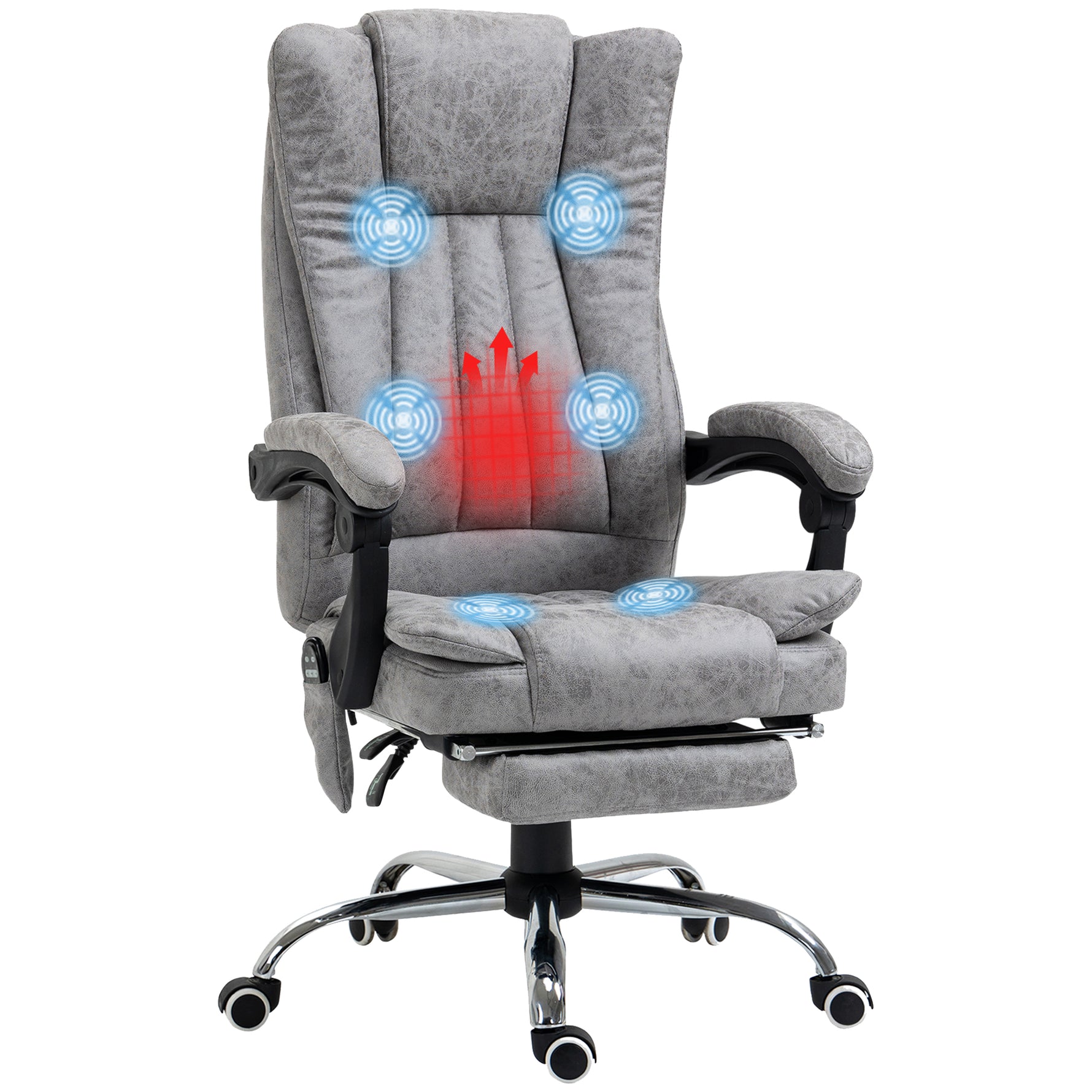 Fauteuil de bureau massant et chauffant, chaise de bureau, chaise ergonomique avec hauteur réglable, dossier inclinable, repose-pied et télécommande filaire, pivotant à 360°, gris