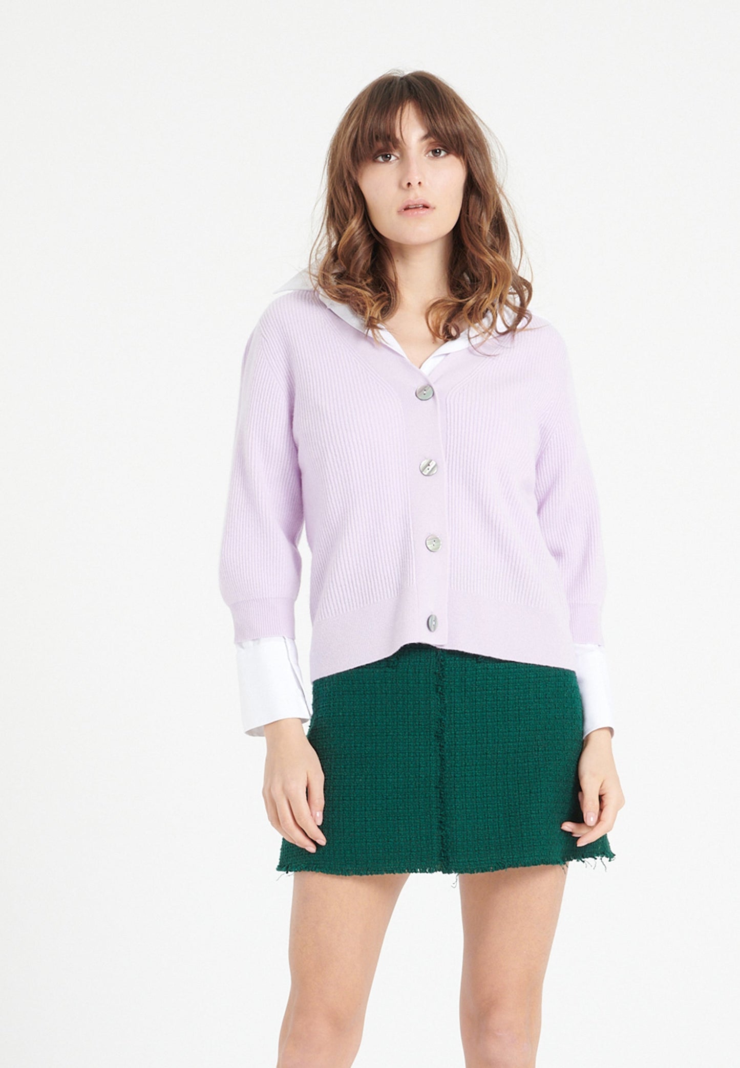 Cardigan col V manches courtes femme en cachemire lilas - MIA 13
