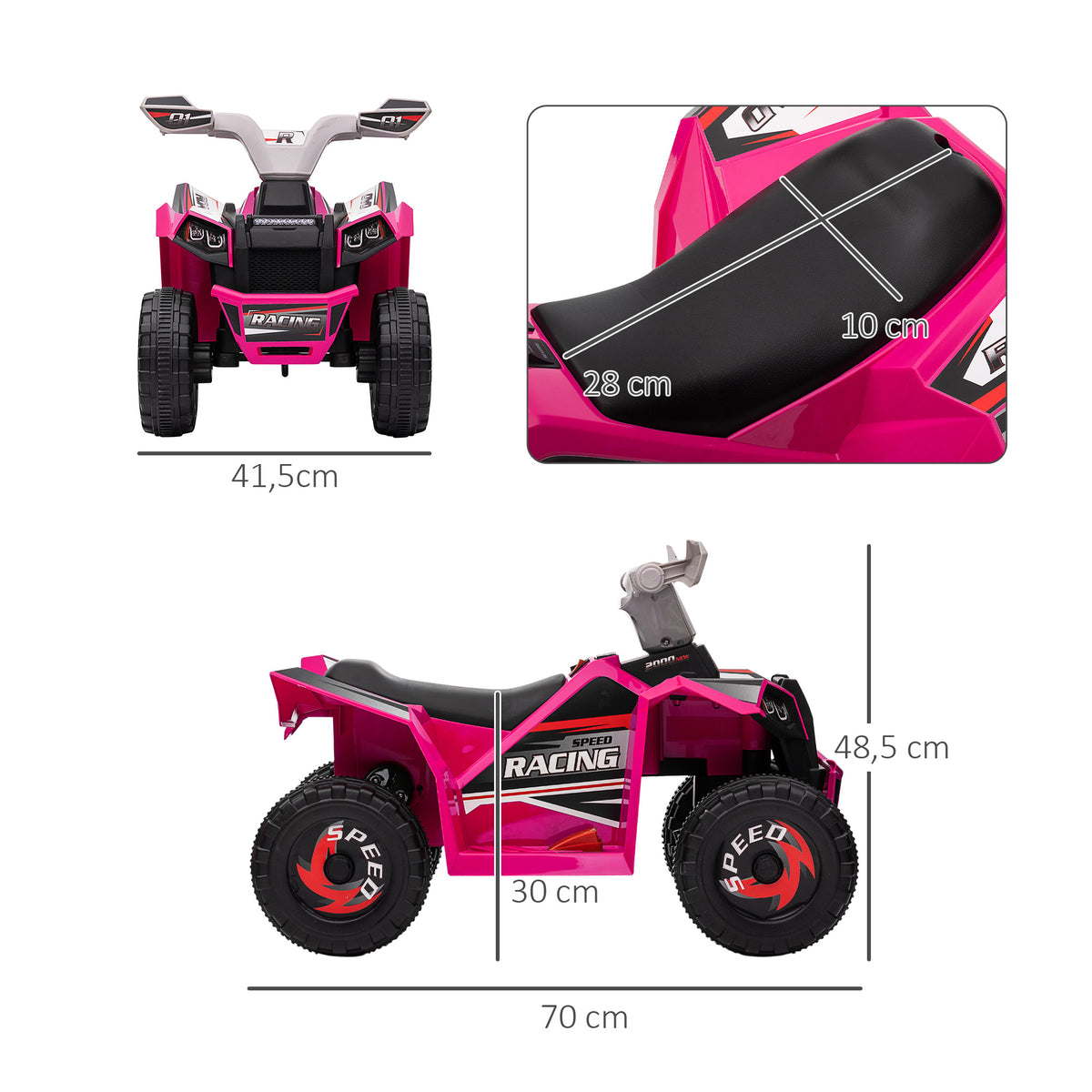 Haurrentzako quad elektrikoa, 6V-ko bateria duen ibilgailua, aurrerantz eta atzerantz egiteko aukerarekin, 70L x 41,5z x 48,5A cm, arrosa