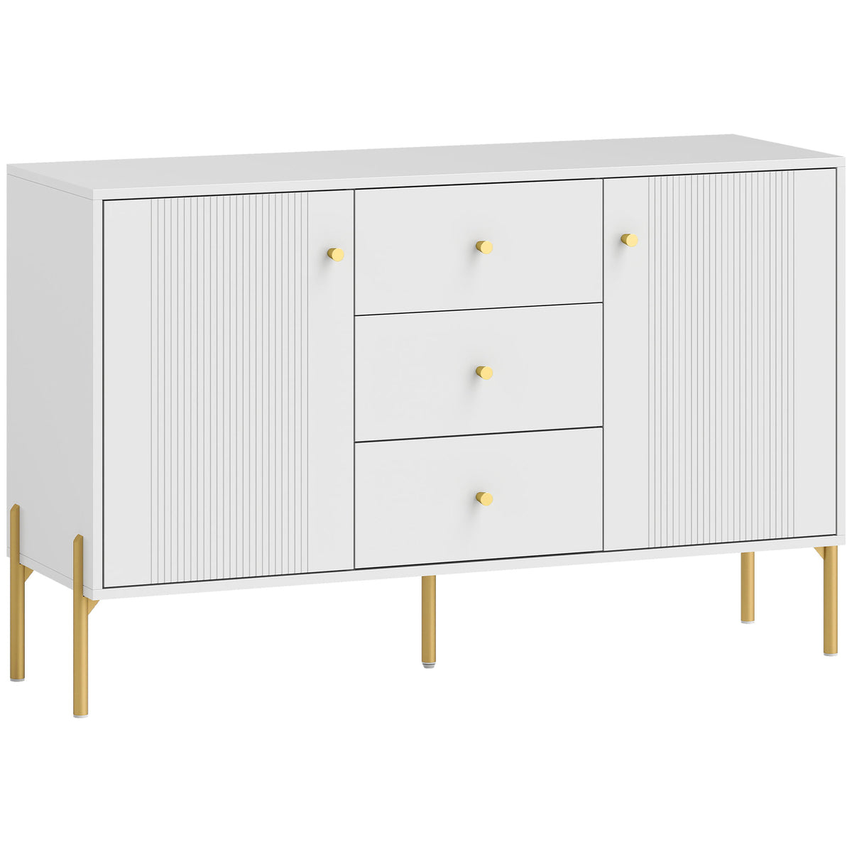 Buffet cuisine, meuble de rangement avec 2 portes, 3 tiroirs silencieux, 2 étagères réglables, 5 pieds en acier, blanc