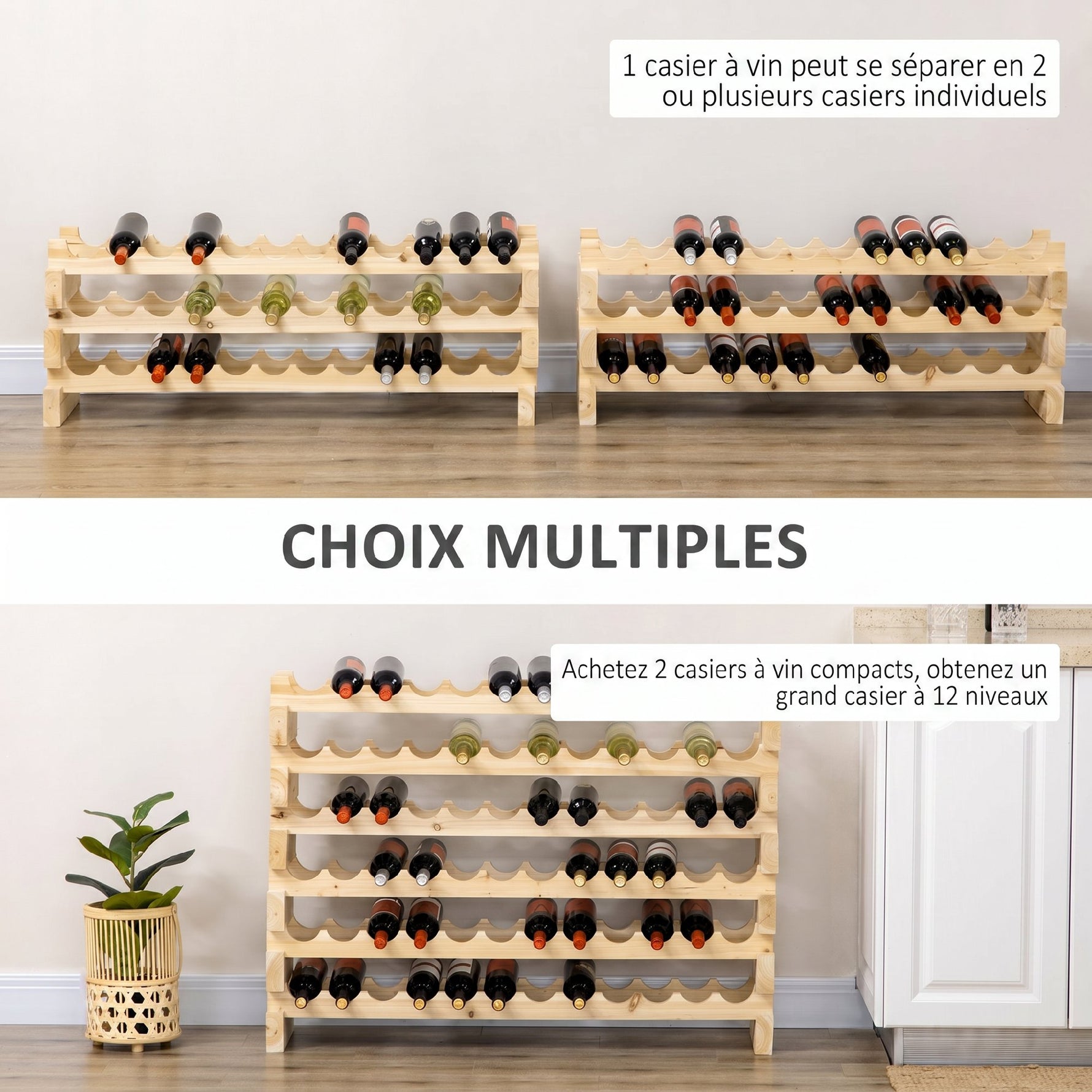 Casier à bouteilles pour 72 bouteilles, étagère à vin avec 6 niveaux modulable et superposable, casier à vin en bois de sapin massif, pour cave, bars, sous-sols, 114x28x85cm, bois naturel