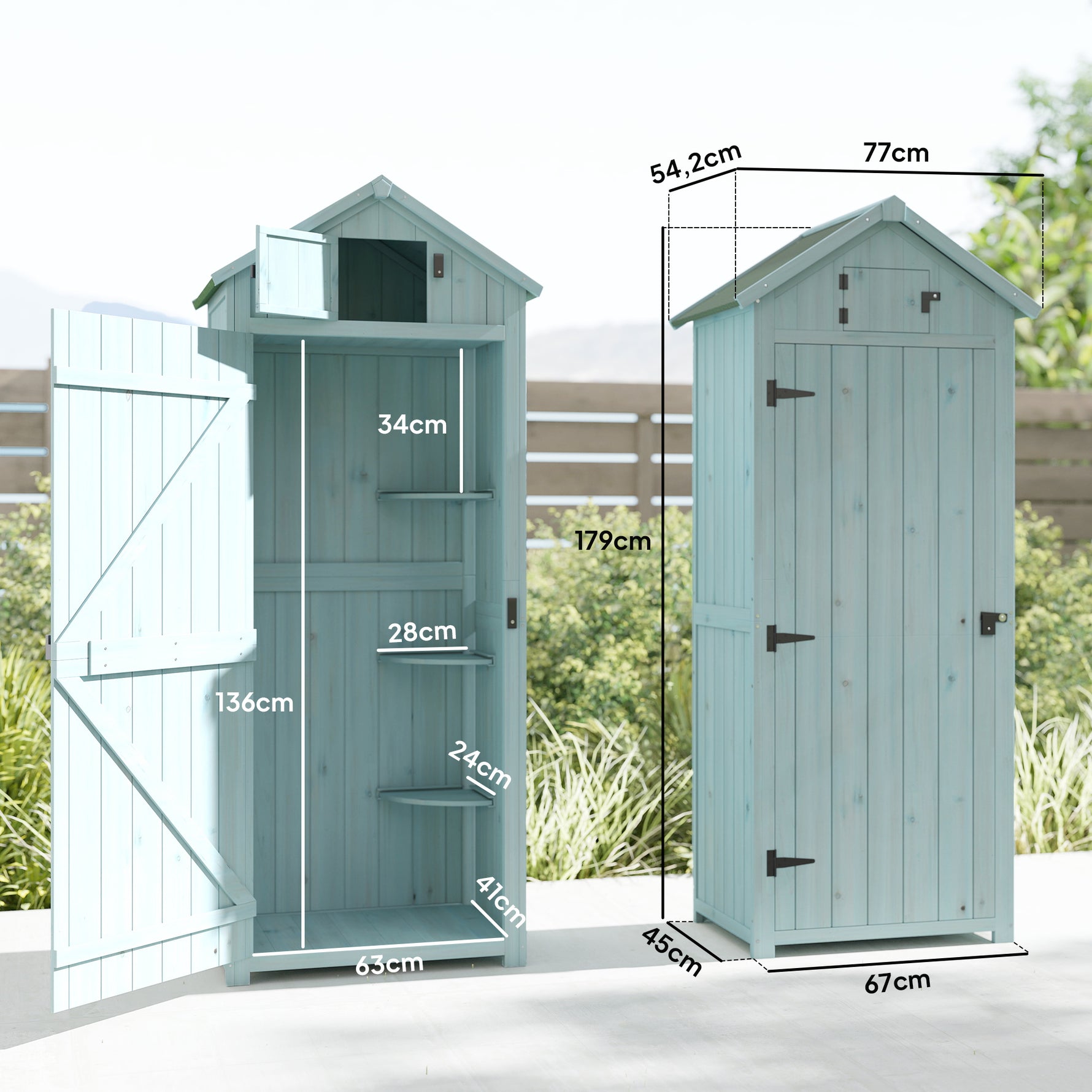 Armoire de jardin extérieur abri de jardin en bois abri pour outils 3 étagères 2 Portes loquets Toit Pente bitumé 77L x 54l x 179H cm Sapin traité Bleu