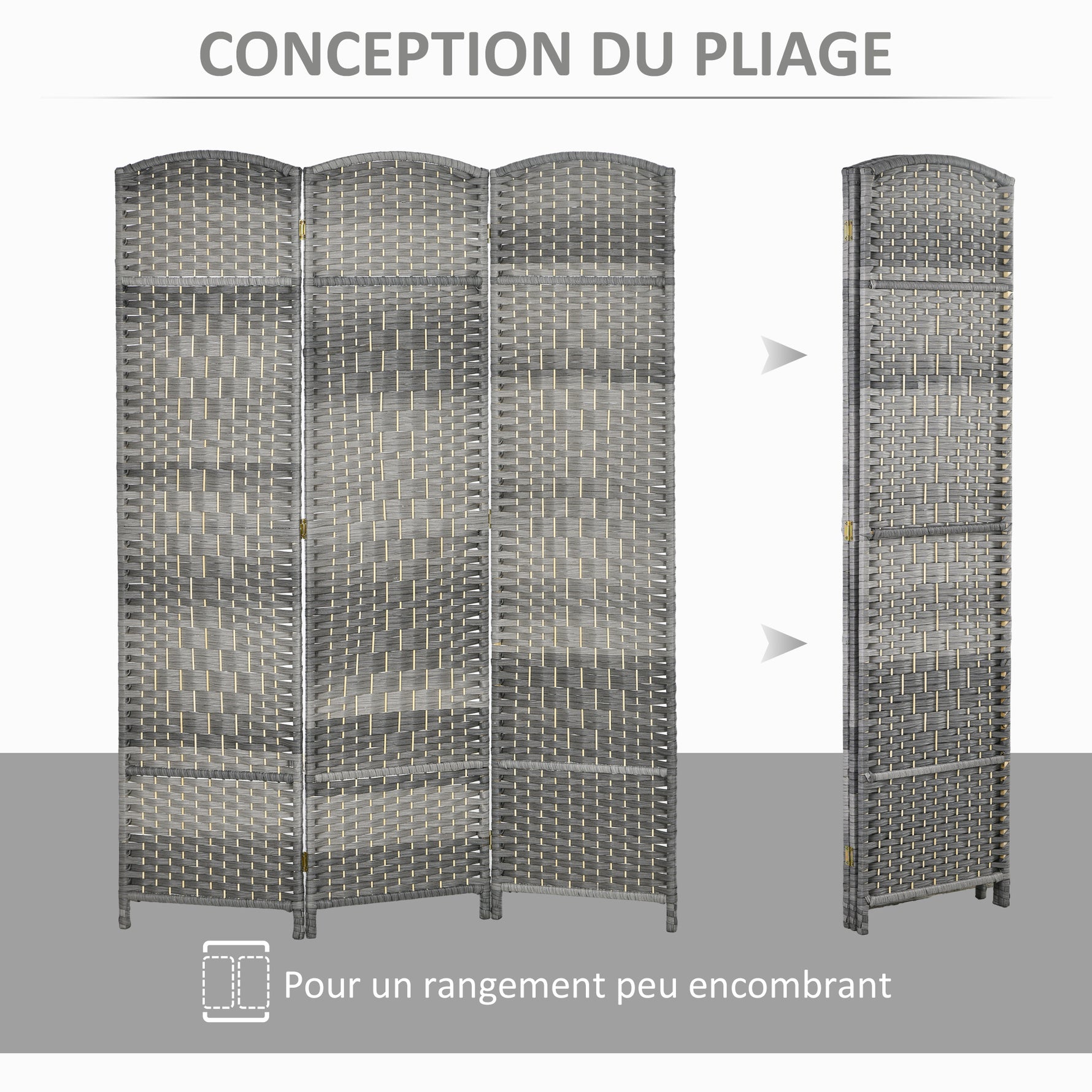 Paravent intérieur en bois 3 panneaux séparateur de pièce pliable pour salon chambre 135 x 180 cm gris