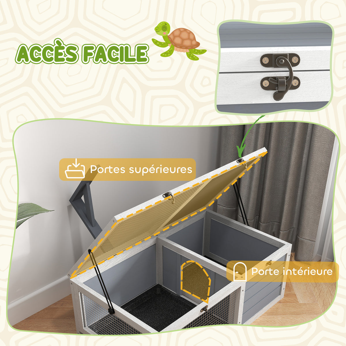 Maison enclos cage pour petit animal tortue avec 2 espaces support de lampe 81 x 48 x 31,5 cm gris