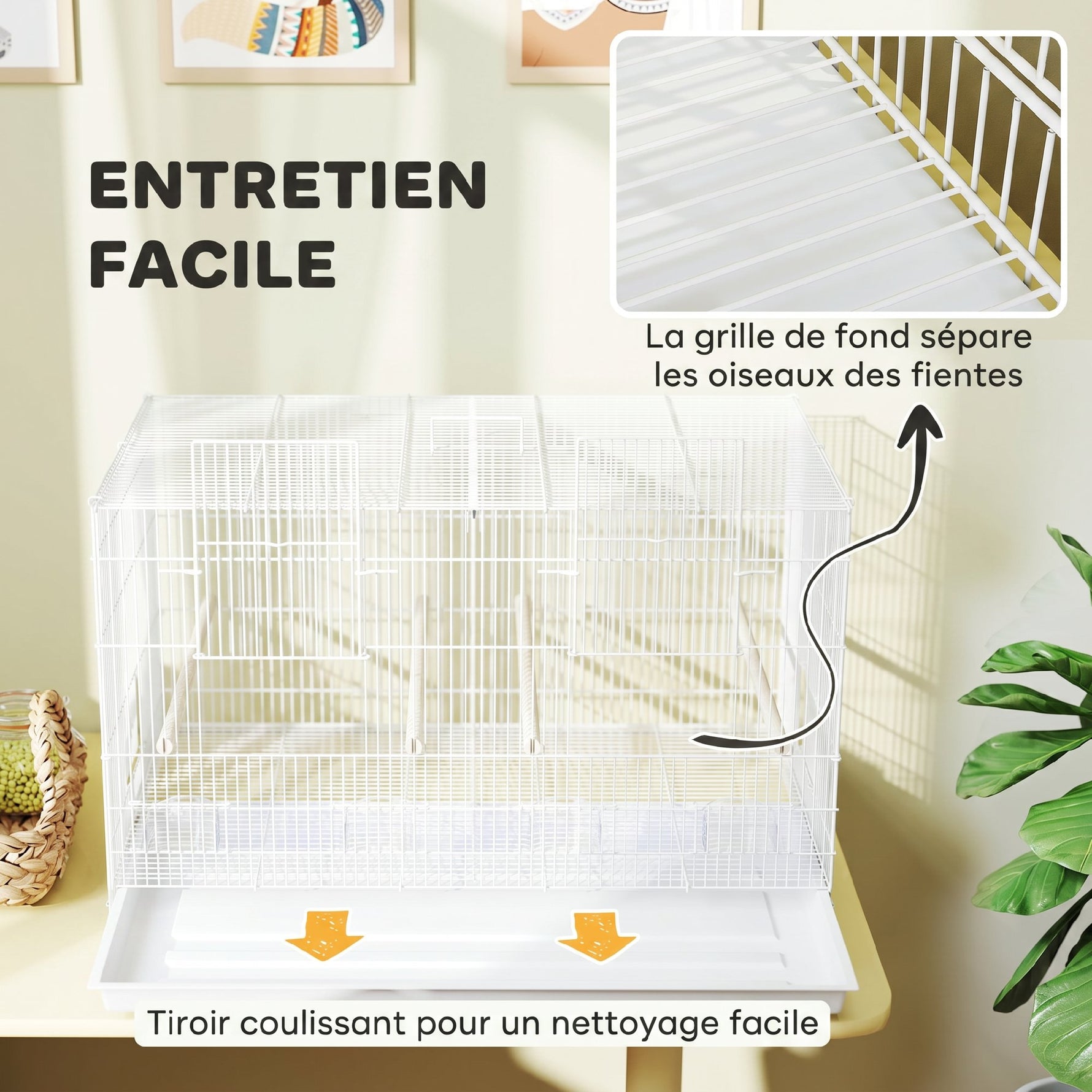 Cage à Oiseaux Volière Intérieur Acier avec Séparateur, 4 Perchoirs, Plateau Coulissant, 4 Mangeoires, 76x46x46cm, Blanc