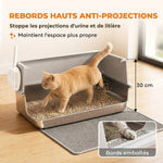 Bac Litière pour Chat en INOX Couvercle Bords Hauts Pelle et Tapis Anti-Adhérent Anti-Odeurs 60x40x30cm Gris Clair