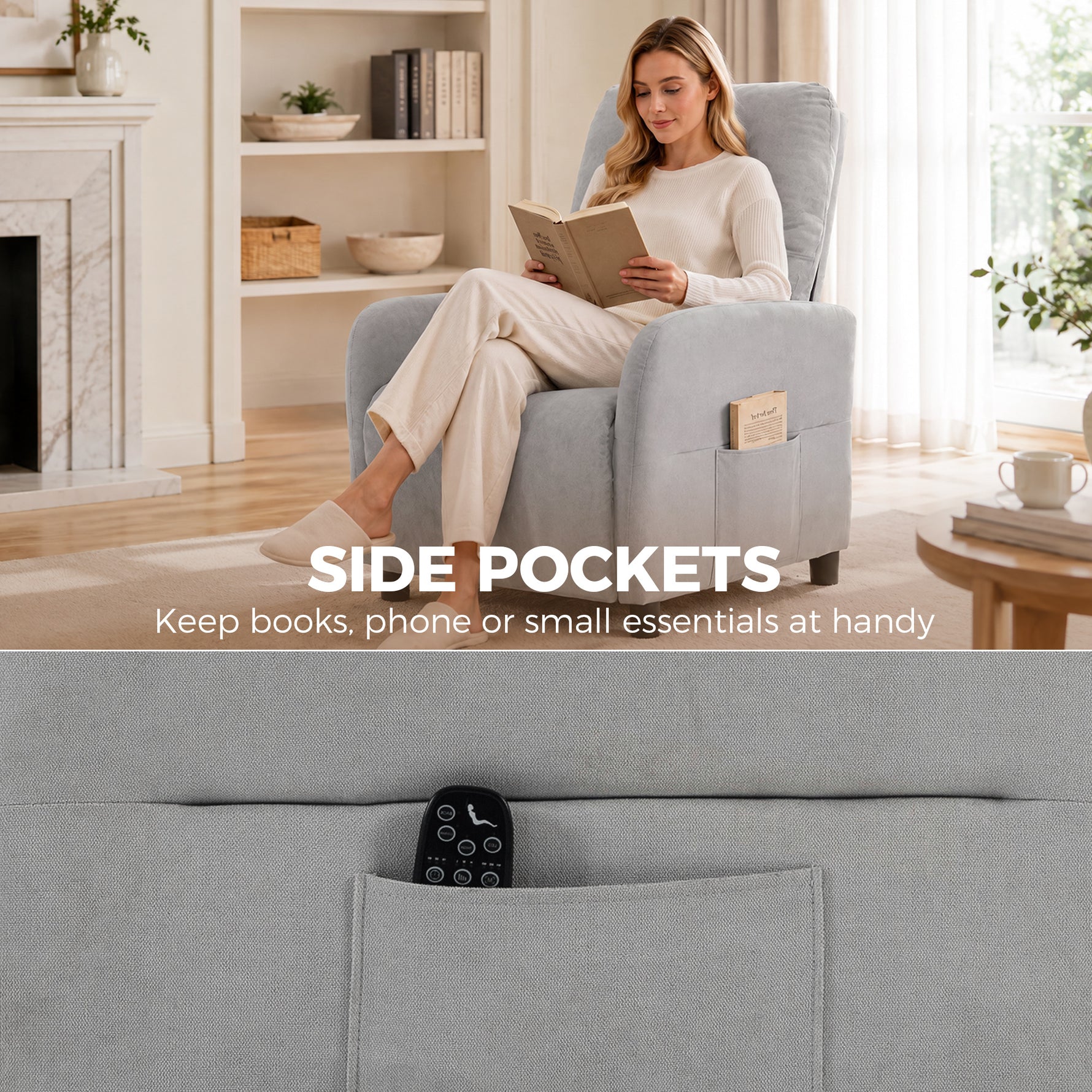 Fauteuil Inclinable de Massage par Vibration et Chauffage, Fauteuil de Relaxation en Tissu Éponge Bouclé, Gris