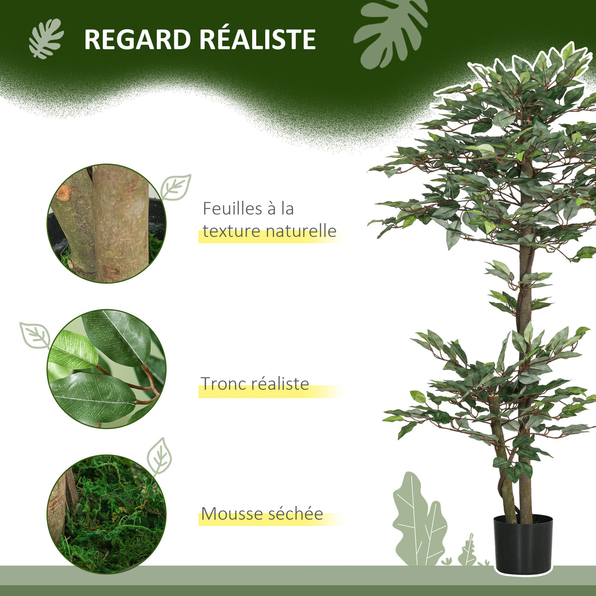 Arbre Artificiel Plante Artificiel ficus Hauteur 1,5 m Tronc Branches Liane Lichen Feuilles Grand réalisme Pot Inclus