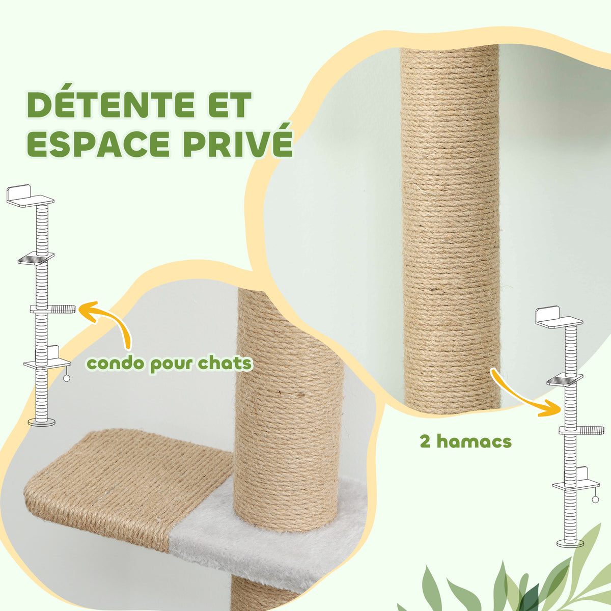 Étagères Murales pour Chat 180 cm, 4 Plateformes d'Escalade, Poteau à Griffer en Jute et Jouet Suspendu, Gris Clair