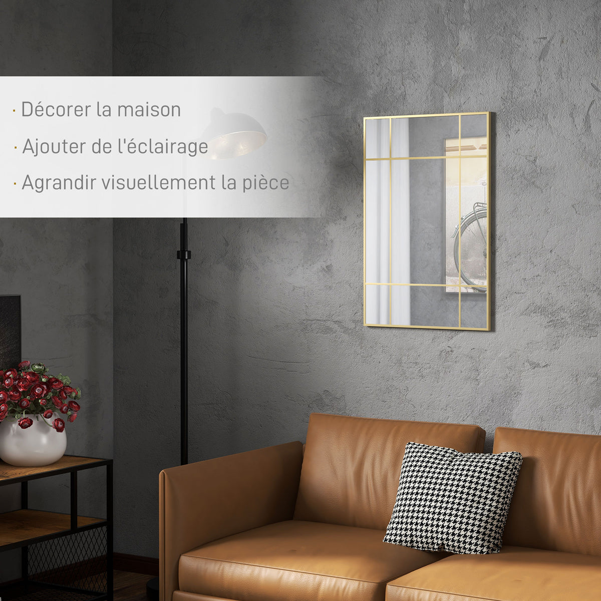 Specchio da parete stile finestra rettangolare, orizzontale o verticale con 4 ganci, in metallo dorato - 90x60 cm
