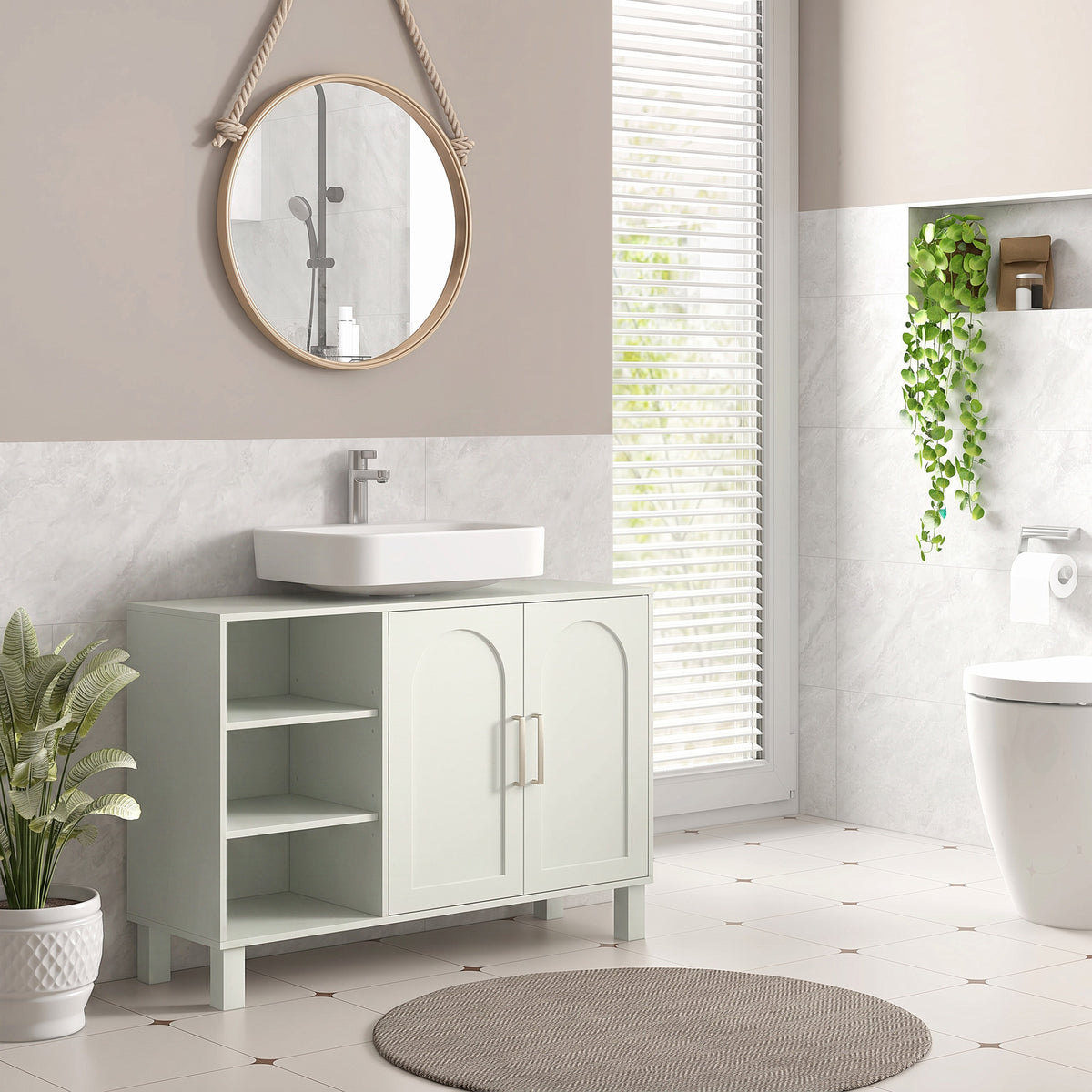 Meuble sous lavabo meuble de salle de bain avec placard à deux niveaux étagères réglables 90l x 30P x 63H cm crème