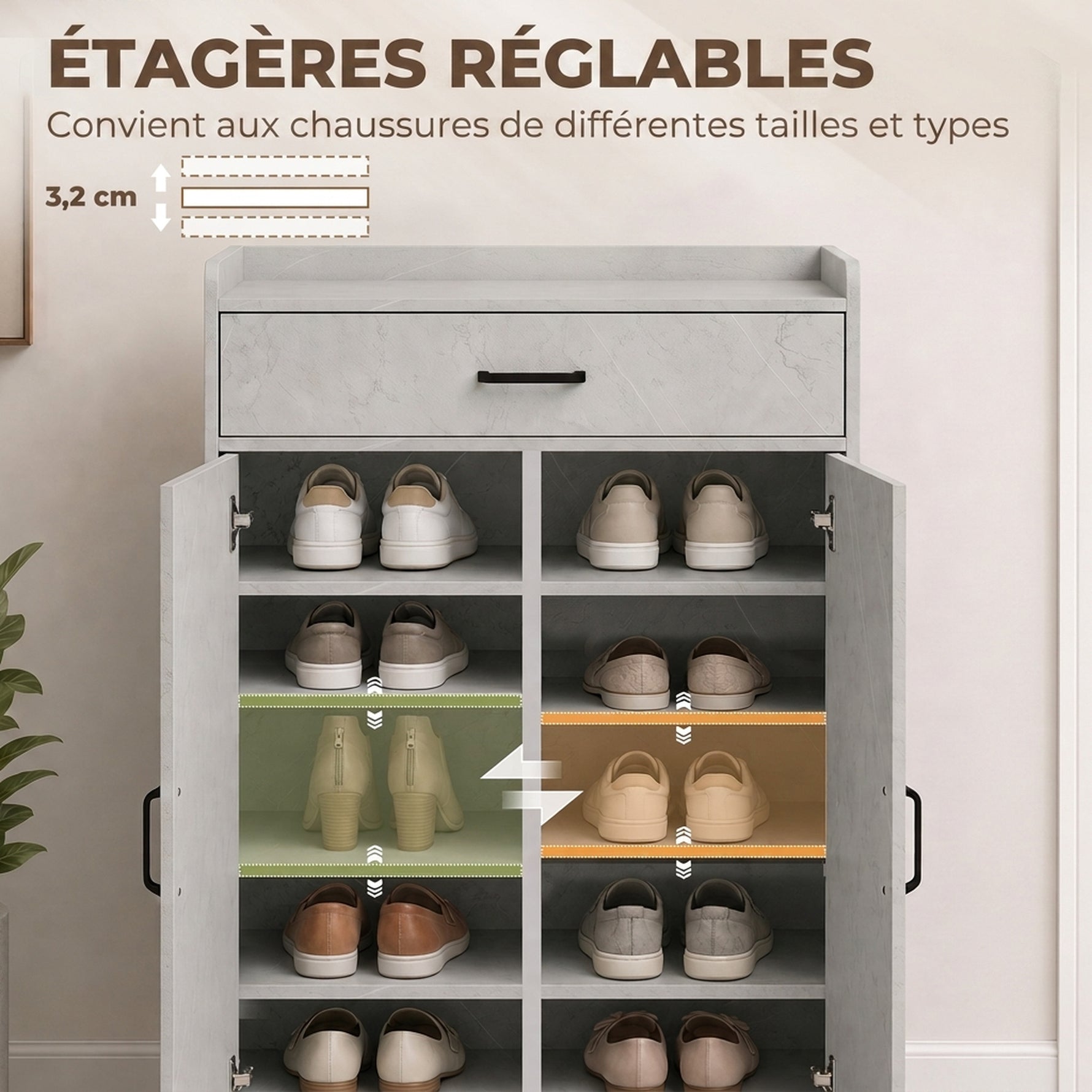 Meuble à Chaussures, Armoire à Chaussures avec 2 Portes, Tiroir, 5 Compartiments et Étagères Réglables, Gris