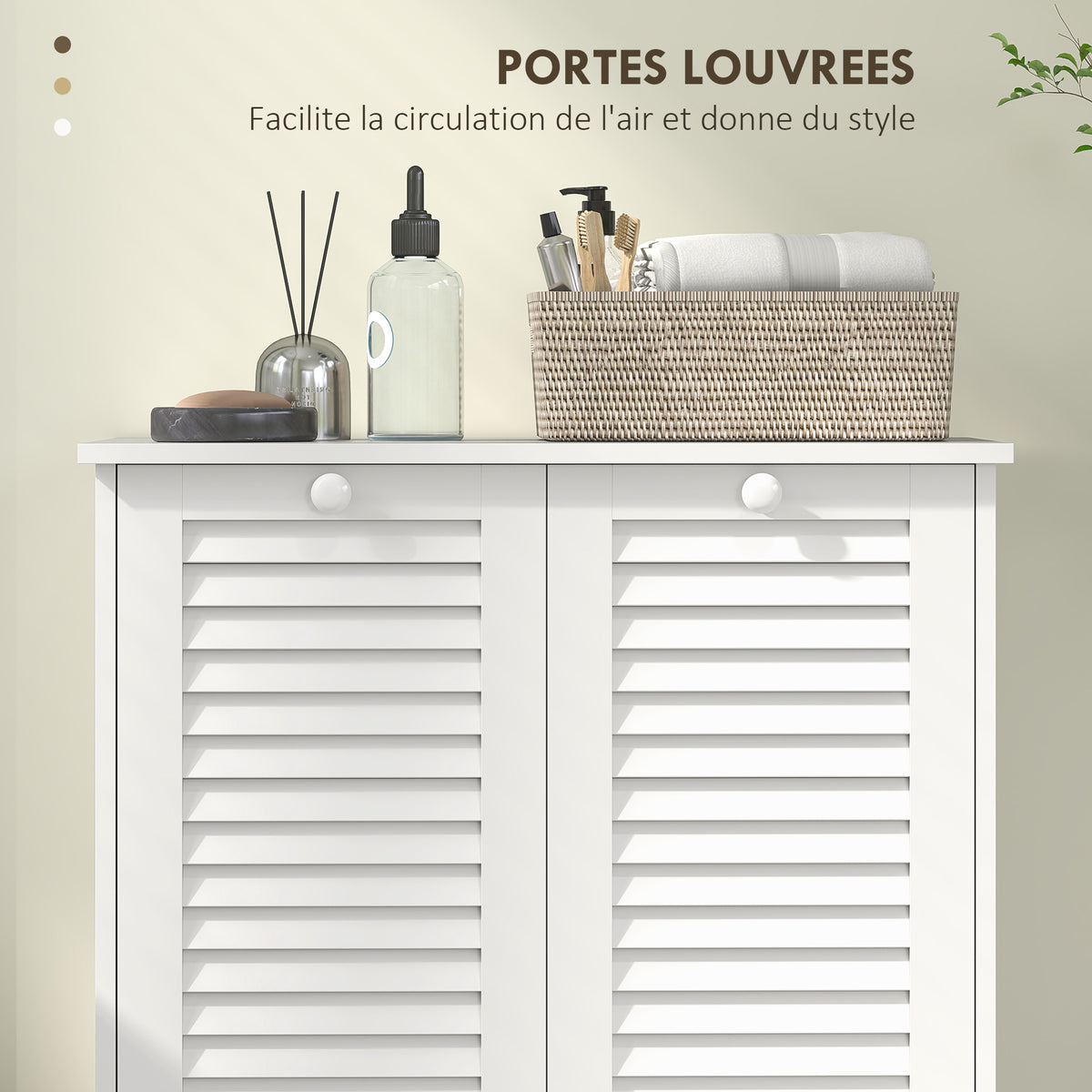 Meuble salle de bain avec panier à linge armoire salle de bain en bois portes persiennes 2 paniers 70 x 38 x 73 cm blanc