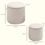 Lot de 2 poufs tabourets repose-pieds coffre de rangement en tissu aspect velours côtelé Ø40 cm et Ø30 cm, crème