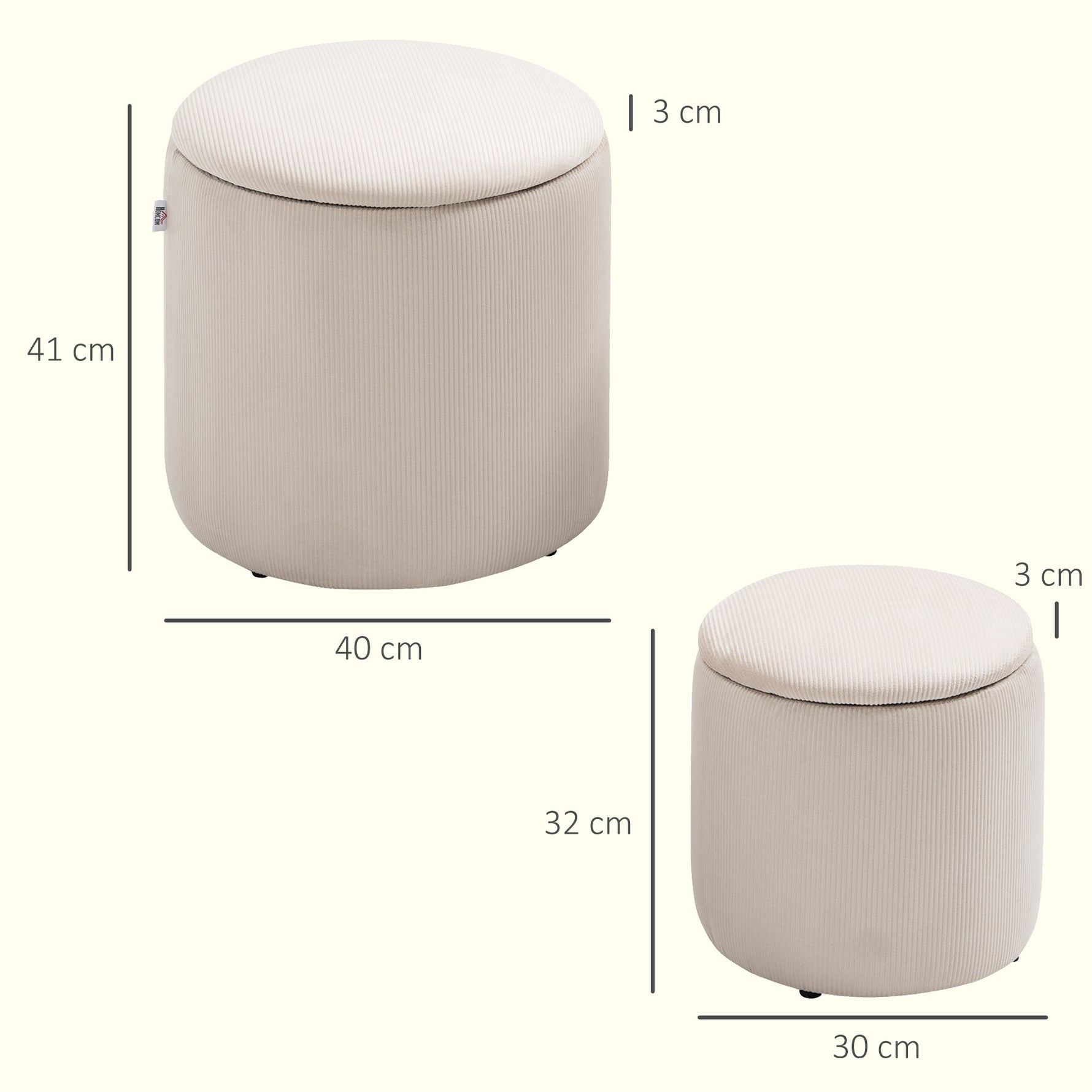 Lot de 2 poufs tabourets repose-pieds coffre de rangement en tissu aspect velours côtelé Ø40 cm et Ø30 cm, crème
