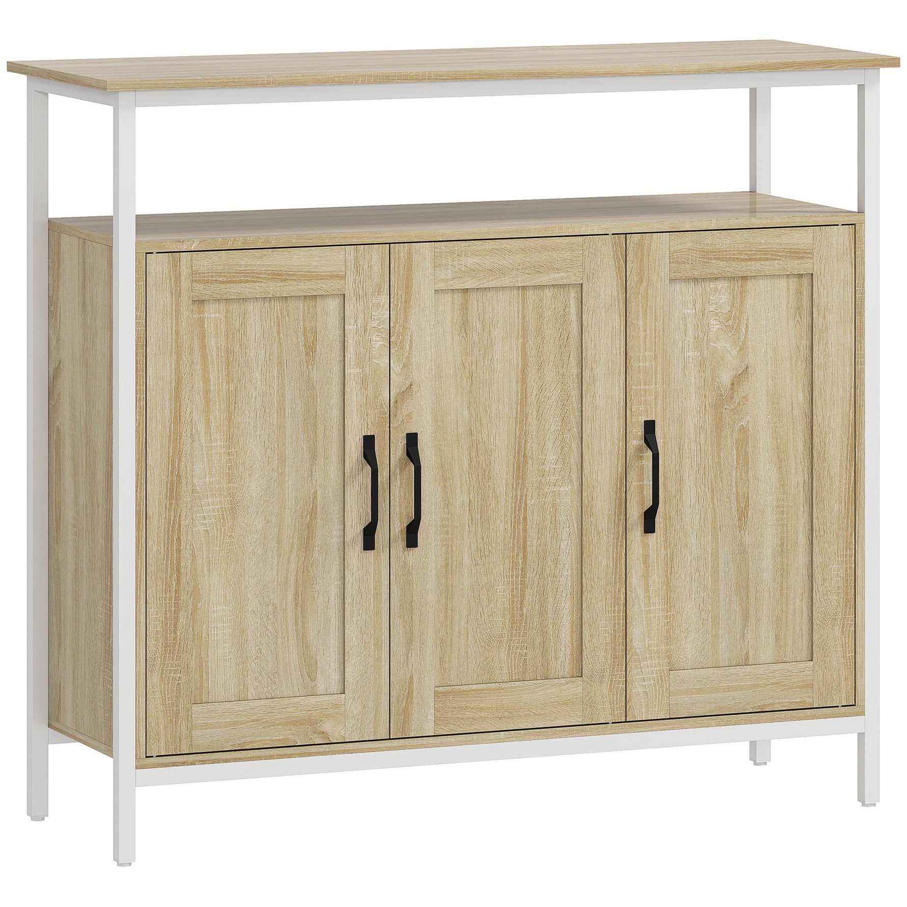 Buffet, meuble de rangement avec 3 portes, compartiment ouvert et 4 étagères réglables, 100 x 35 x 88 cm, bois naturel