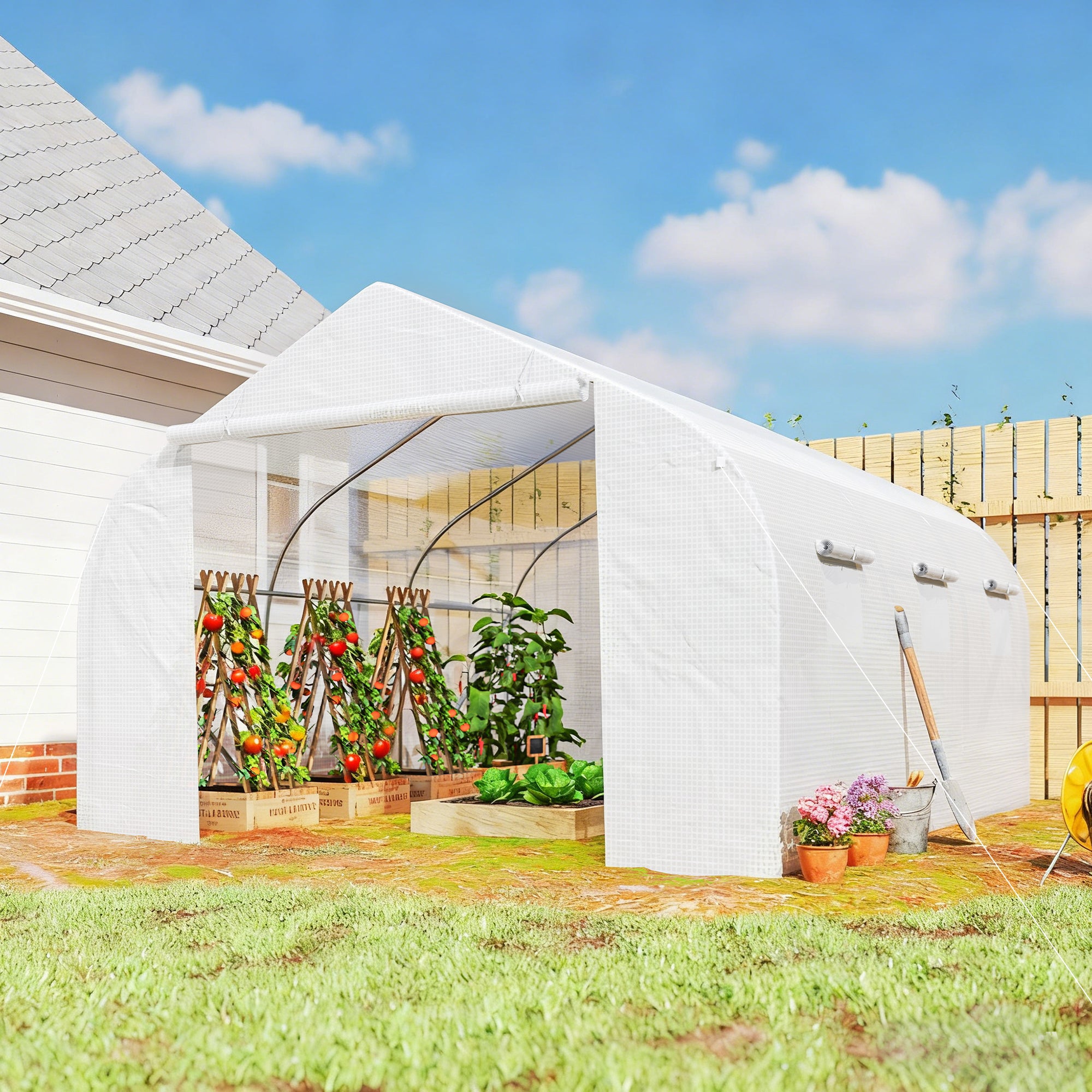 Serre Tunnel de Jardin 13,35 m² dim. 4,5L x 3l x 2H m Porte + 6 fenêtres enroulables Acier galvanisé bâche PE Haute densité Blanc